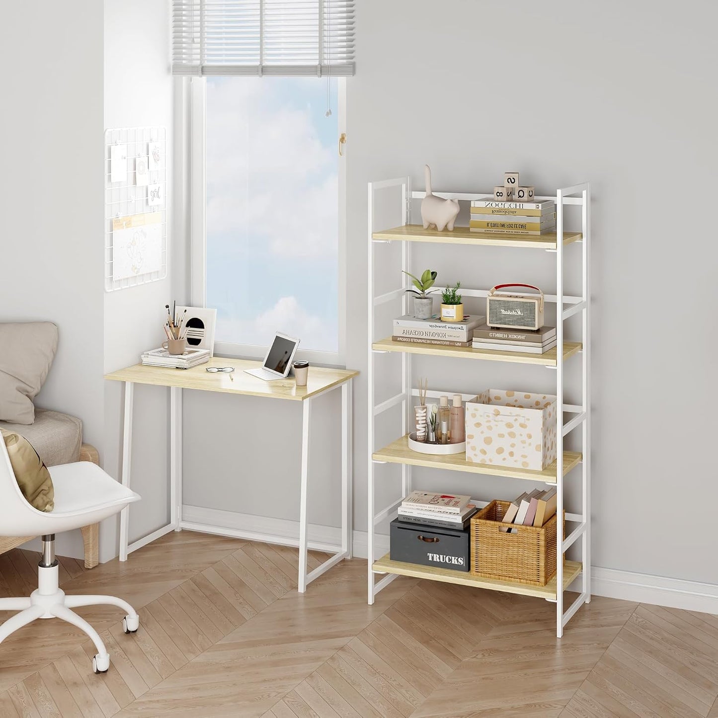 BHG Vintage Multifunctional Folding Bookshelf, No-Assembly Plant Stand Storage Rack Shelves for Home Office (White, 4-Tier)