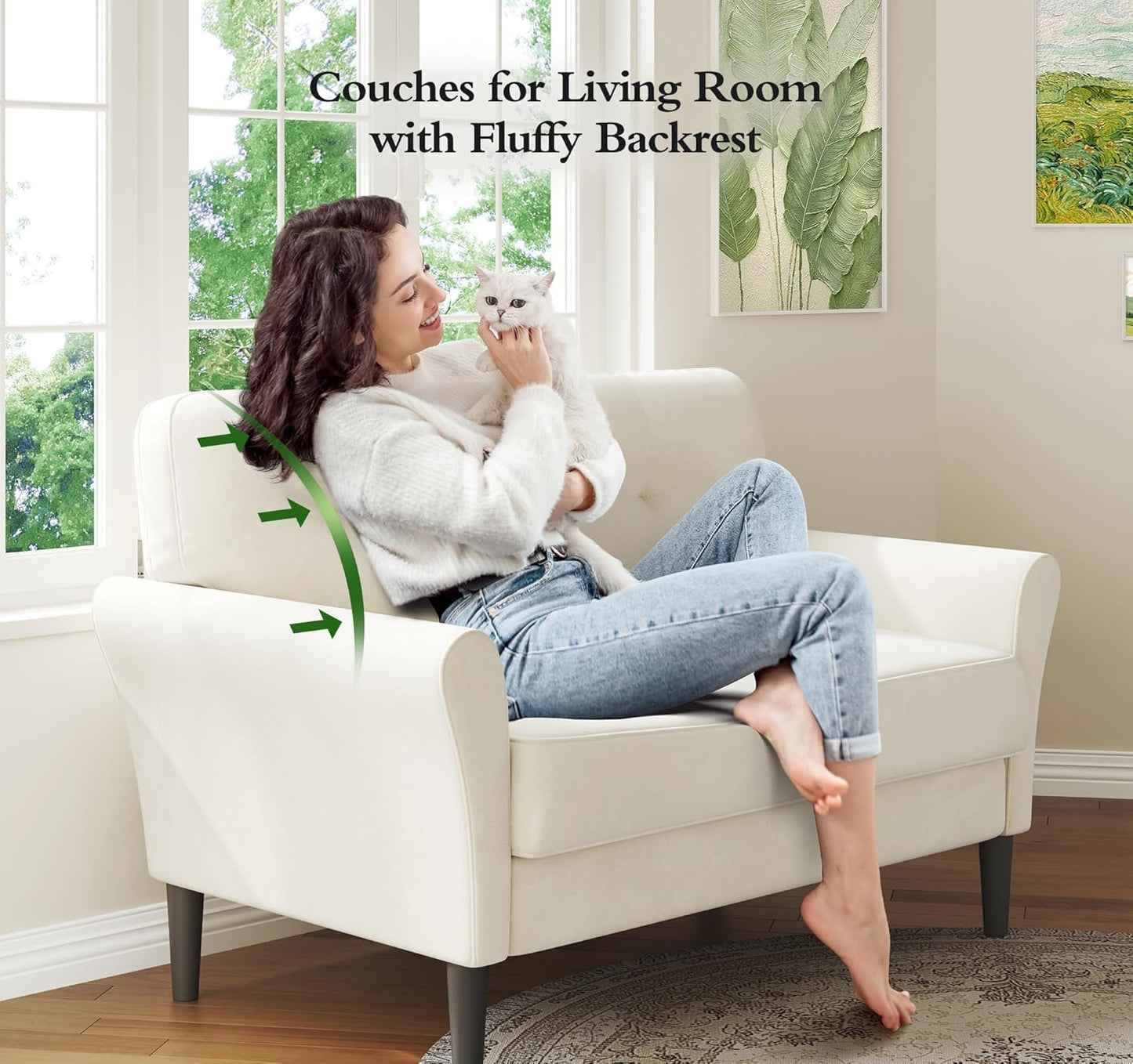 Small Sofa Couch, 48" Loveseat Sofa, Soft Velvet Love Seat Couches, Small Couch for Bedroom with 21" Deep Seat, Comfy Couches for Living Room, Tool-Free Setup Sofas for Living Room, White