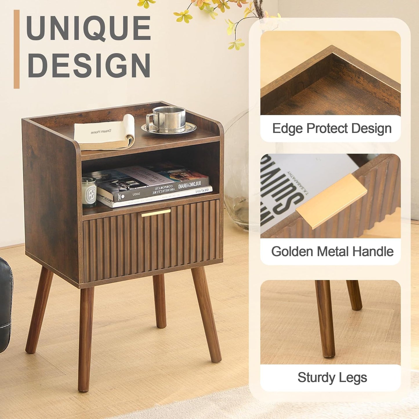 AWASEN Mid Century Modern Nightstand, Wood Bedside Table with Fluted Drawers, Rustic Night Stand Bed Side Table with Solid Wood for Living Room, Bedroom, Office and Small Space (Rustic Brown)