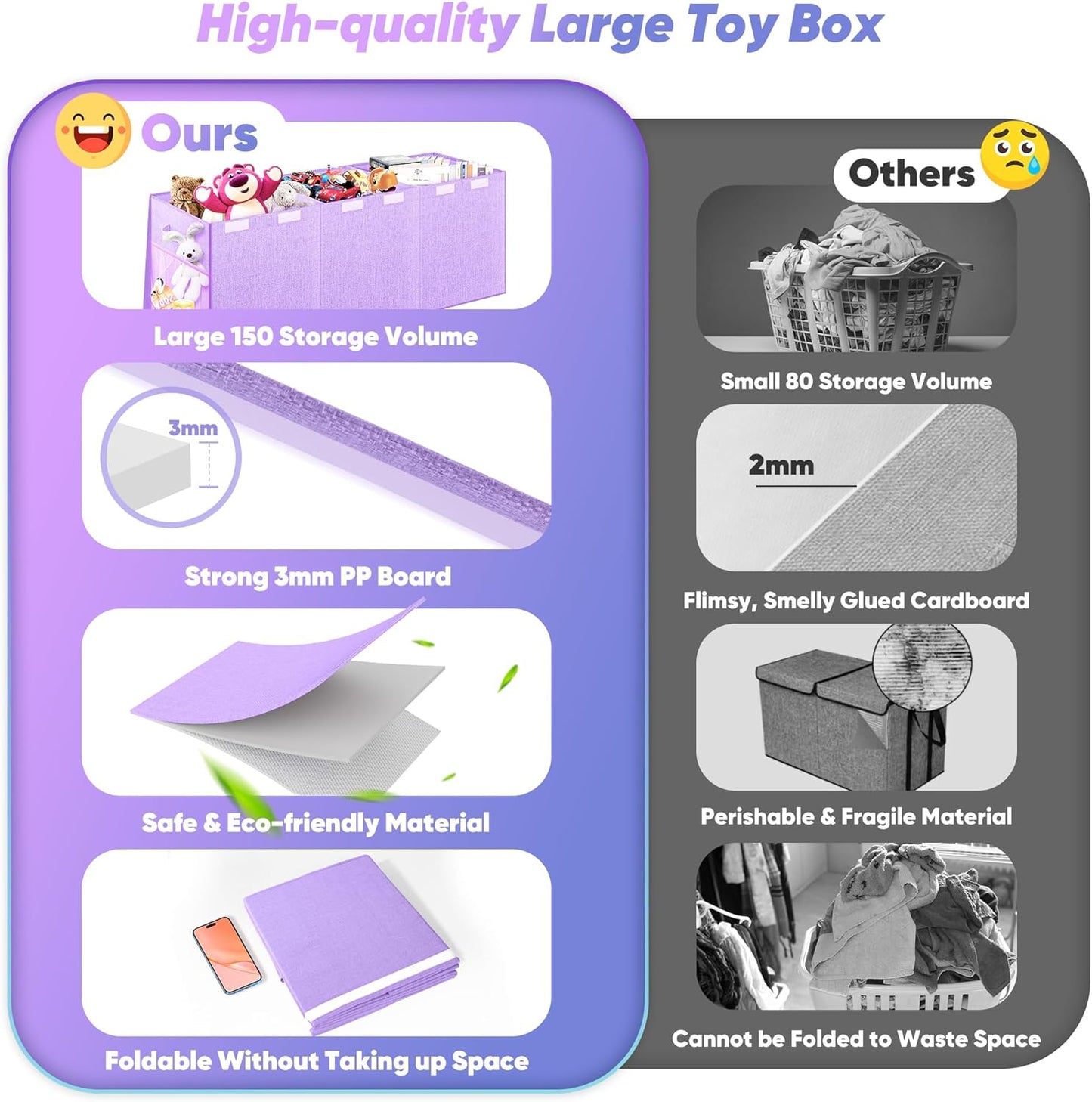 Extra Large Toy Box, Toy Chest for Kids Boys Girls, Collapsible Sturdy Storage Organizer with Mesh Pockets, 40"x14"x16" Kids Box Bins Baskets for Nursery, Playroom, Purple