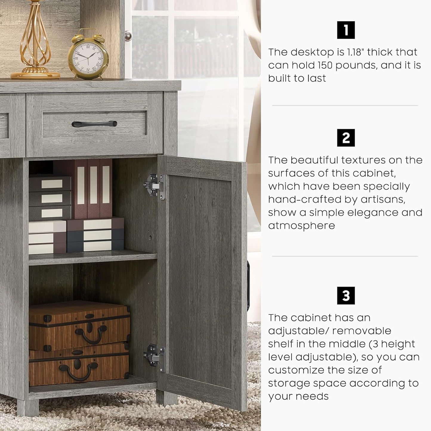 67''H Farmhouse Executive Desk with Hutch & 5 Drawers, Rustic Office Desks Computer Desks with Charging Station, File Drawers and Storage Cabinets, Wood Workspace for Home Office & Study,Grey.