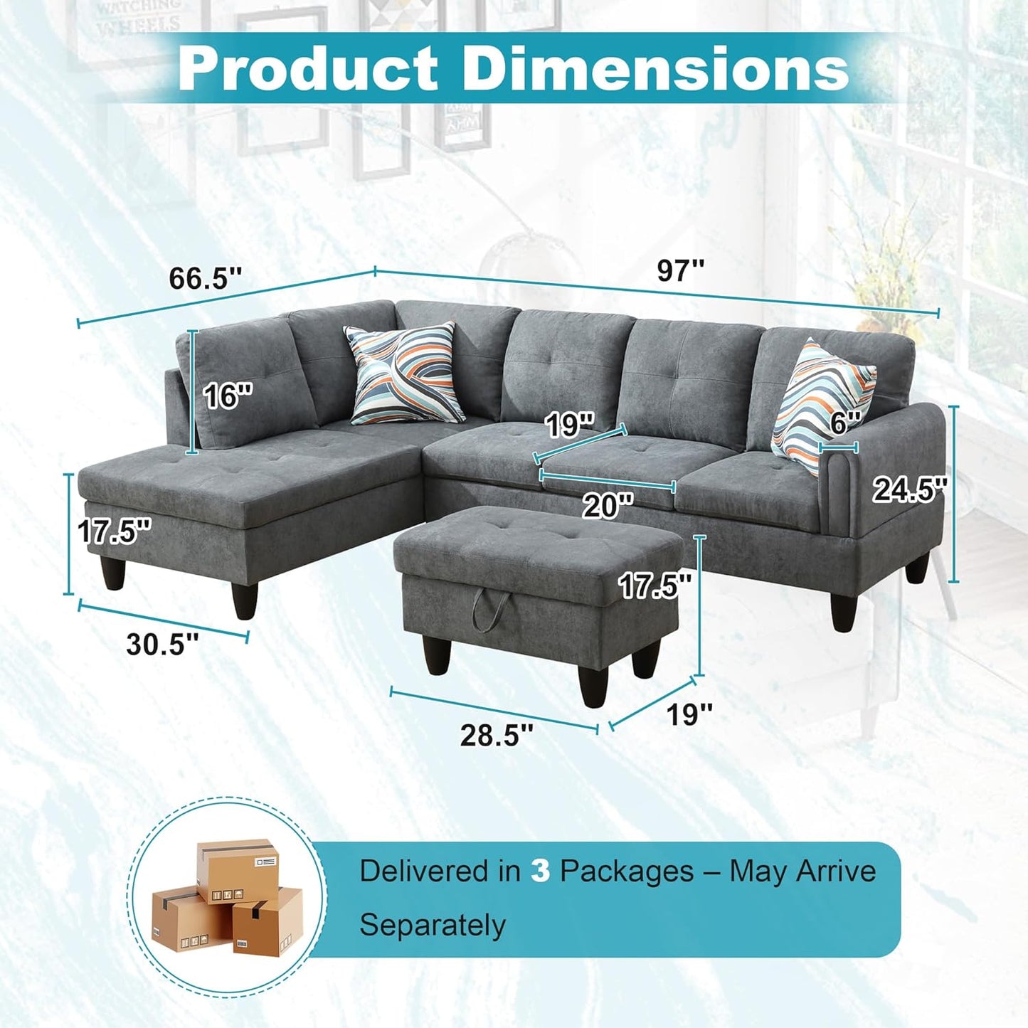 97" Oversized Sectional Couch, L Shaped Couch with Storage Ottoman, Modern Modular Sofa with Deep Seat, Sectional Couches for Living Room and Office, Dark Grey (Fluffy Fabric)