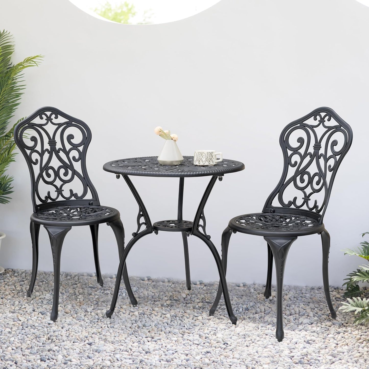 NUU GARDEN 3 Pieces Patio Bistro Set, Round Table with Umbrella Hole, Outdoor Bistro Set with 2 Chairs, All-Weather Outdoor Patio Bistro Set for Garden, Lawn, Poolside, Porch, Black