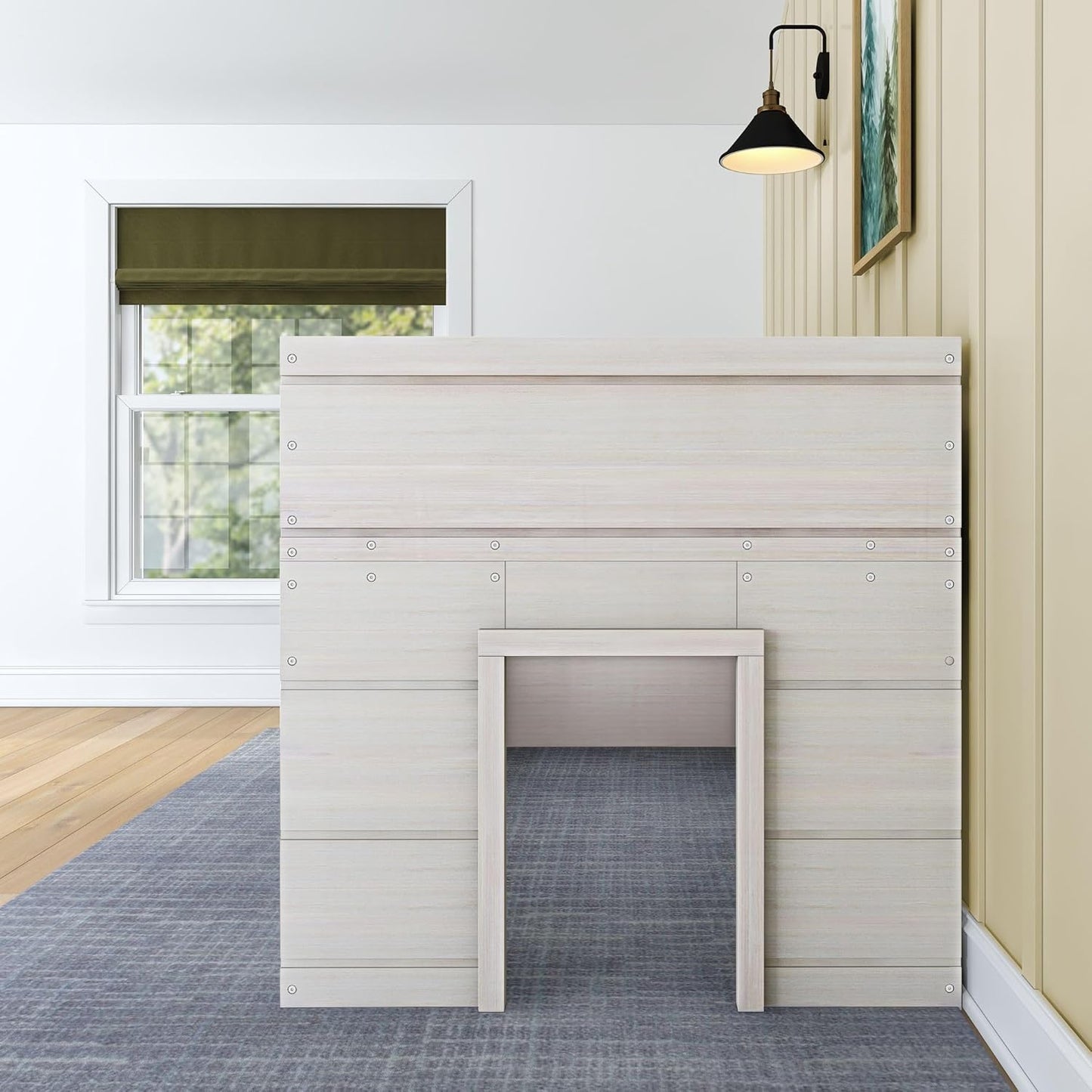 Max & Lily Modern Farmhouse Twin Low Loft Bed with Two Windows - Solid Wood, 15” Guardrails, 400-lb Capacity, Low-VOC Finish, White Wash