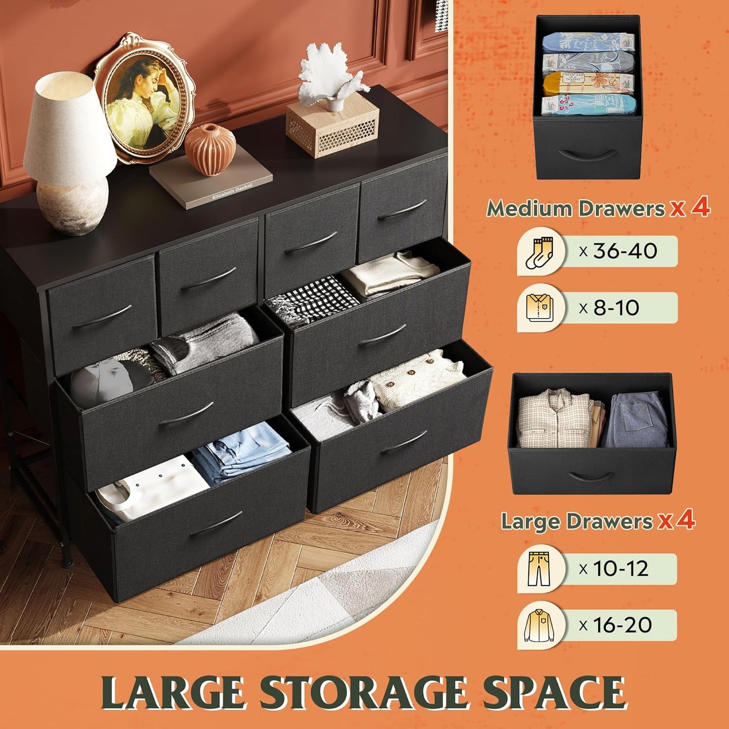 WLIVE Dresser for Bedroom with 8 Drawers, Wide Fabric Dresser for Storage and Organization, Bedroom Dressers, Chest of Drawers for Living Room, Closet, Hallway, Black