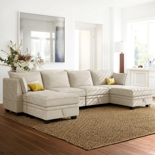 115.1 Inch Oversized U-Shape Sectional Sofa with Removable Ottoman and Storage Seat, Modular Upholstered Convertible Couch Bed w/Reversible Chaise for Living Room, Office, Beige