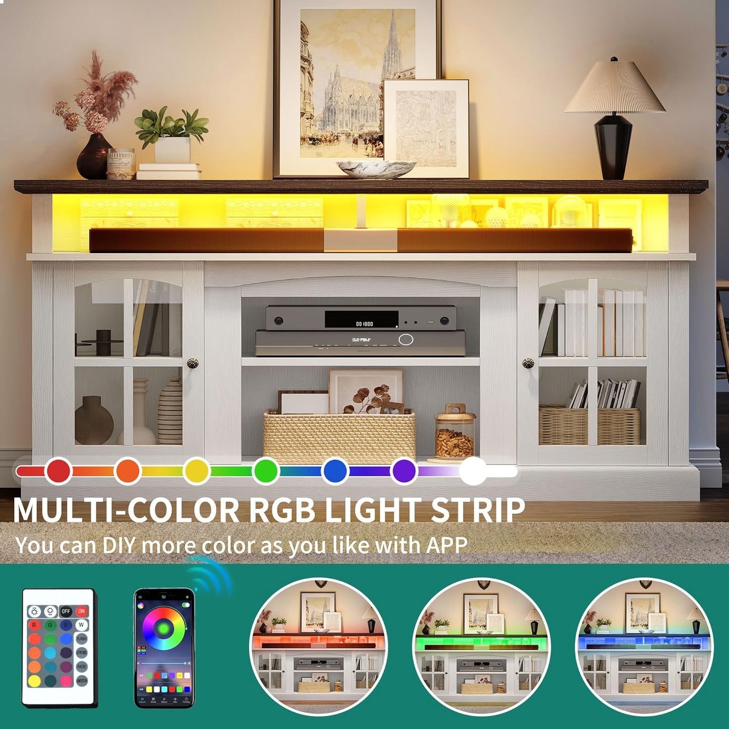 YITAHOME LED Farmhouse TV Stand for 75 Inch w/Outlets, Modern Entertainment Center with Glass Doors and Adjustable Storage Shelves, Media Console TV Cabinet for for Living Room, White/Black