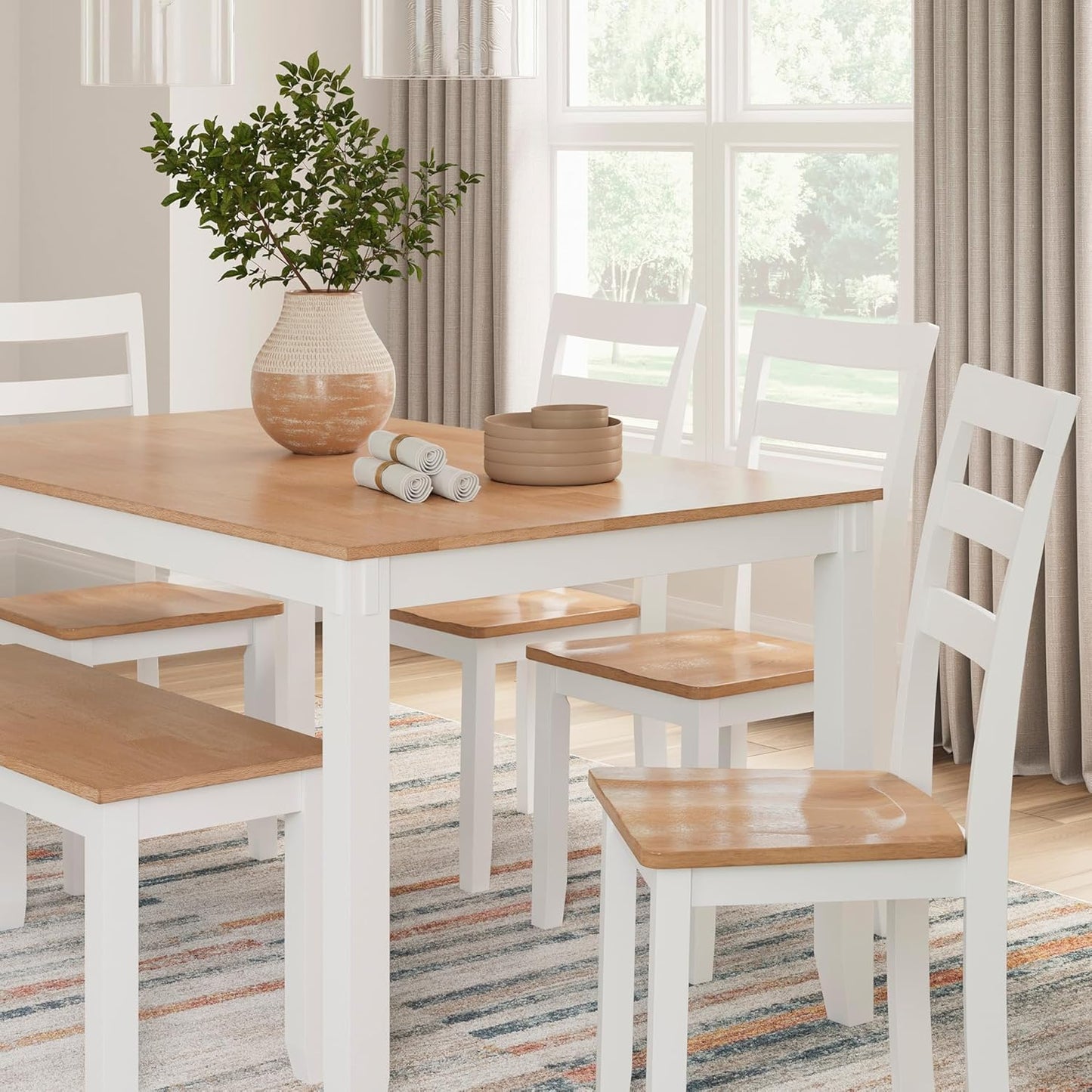 Signature Design by Ashley Gesthaven Modern Dining Table with 4 Chairs and Bench, Set of 6, White & Light Brown