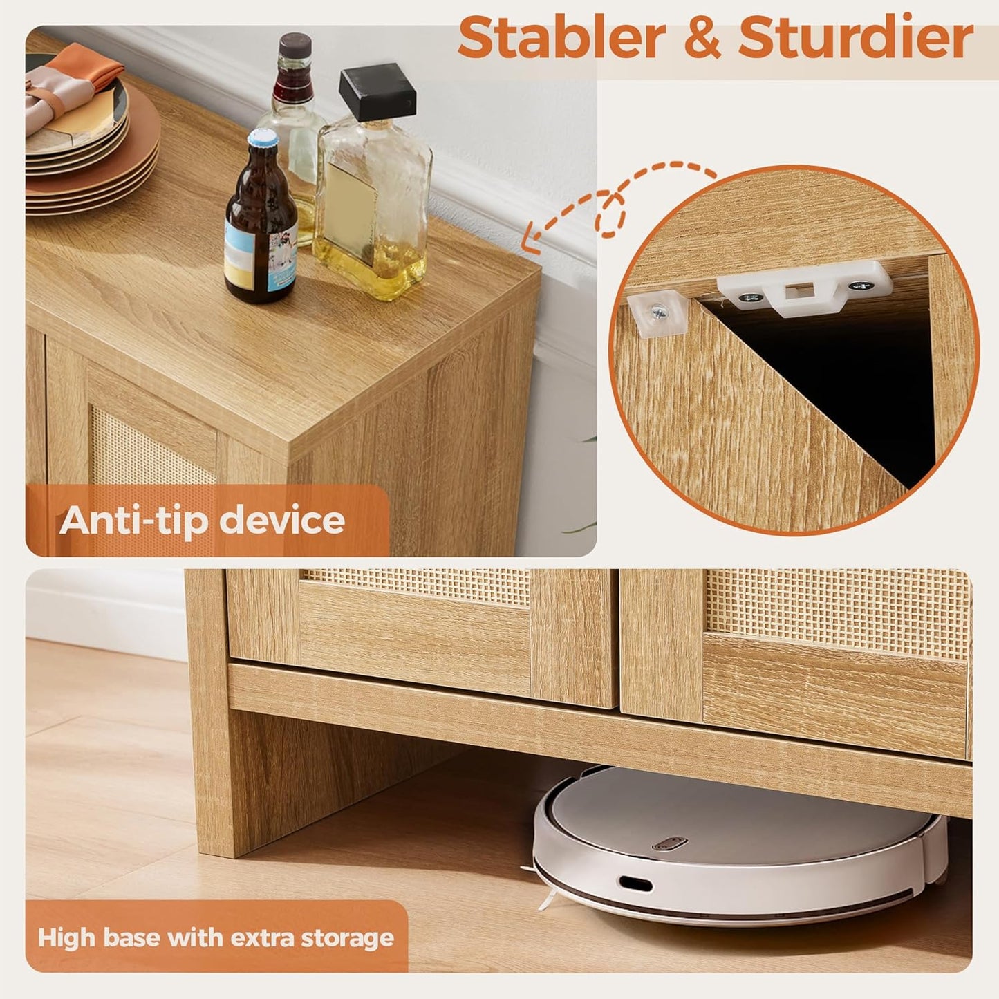 Rattan Buffet Cabinet with Storage, Sideboard Cabinet with Doors and Adjustable Shelves, Farmhouse Coffee Bar Station Table, Modern Wood Cupboard for Kitchen, Livingroom and Dining Room