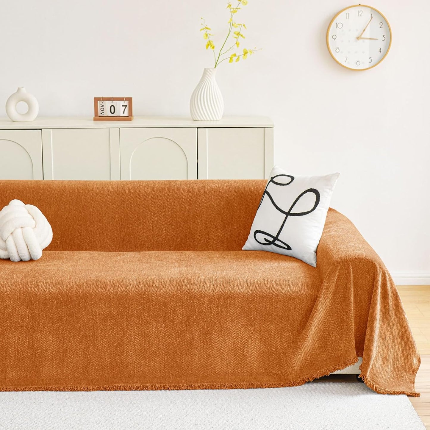 hyha Couch Cover for Dogs, Boho Sofa Covers for 3 Cushion Couch Washable, Chenille Sofa Slipcover for Pets, Soft Loveseat Sectional Couch Throw Blankets with Tassels (Orange, 71x118 Inch)