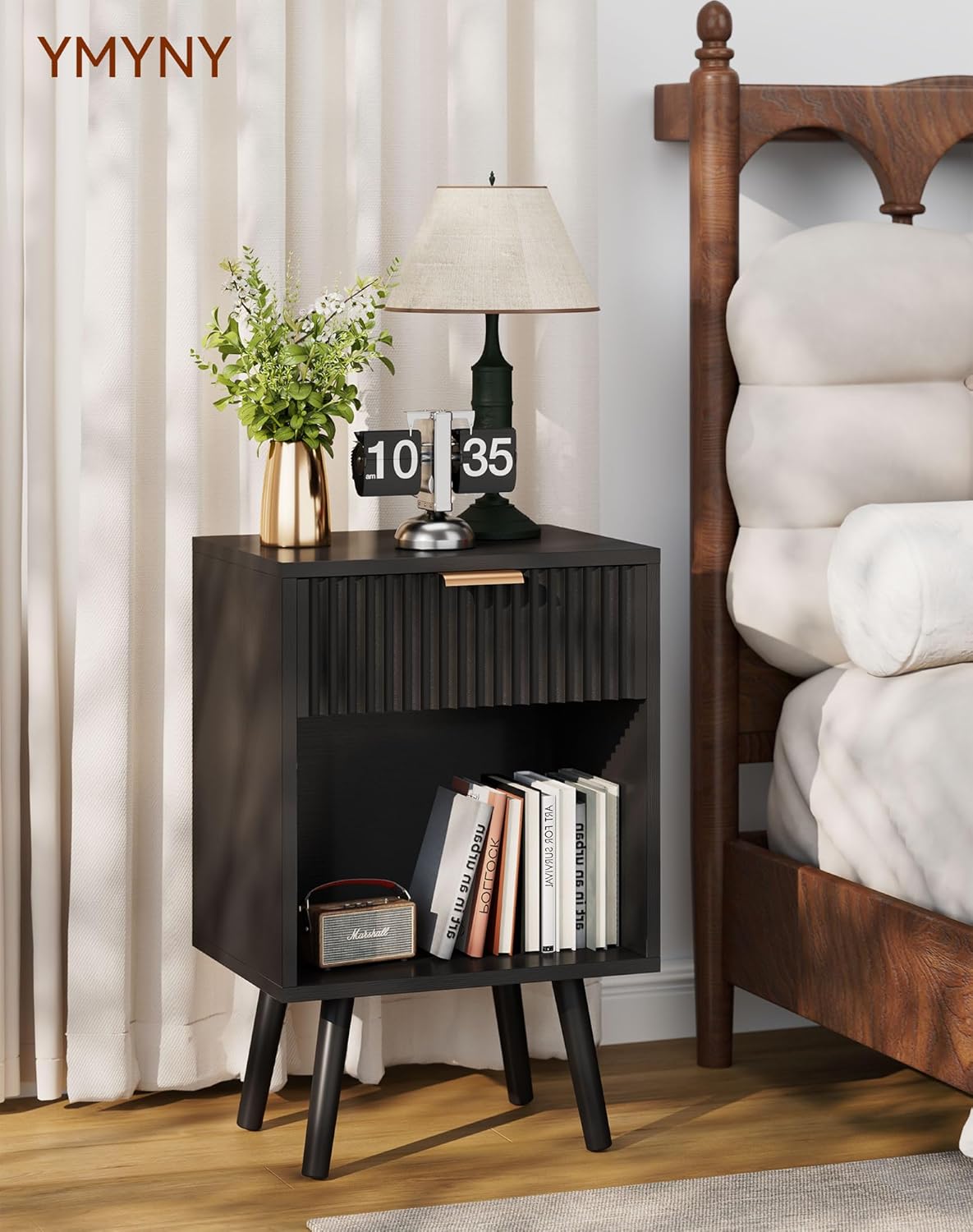 YMYNY Mid Century Modern Nightstand, Side Table, Fluted Night Stand with Drawer, Open Shelf Unit, Golden Handle, Solid Wood Legs, Bedside Table, for Bedroom, Black UHST013B