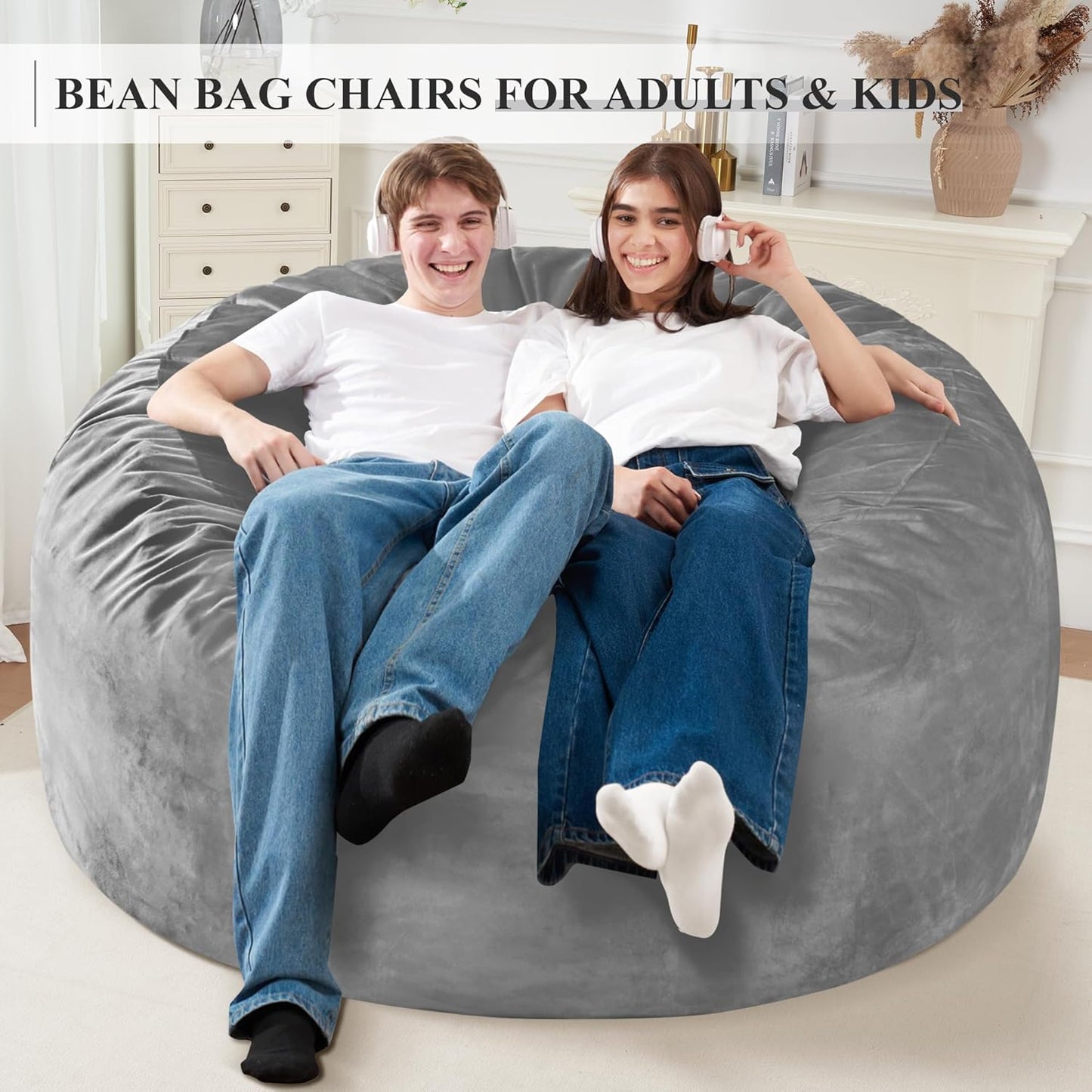 Homguava 5 FT Bean Bag Chair: 5' Bean Bags with Memory Foam Filled, Large Beanbag Chairs Soft Sofa with Dutch Velvet Cover-Light Grey