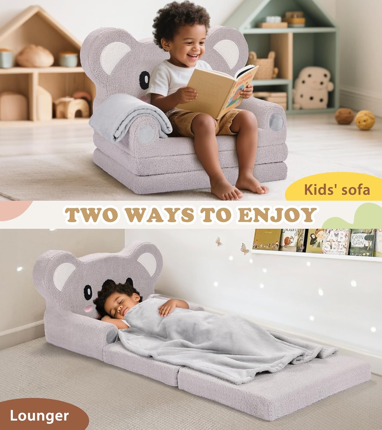 Kids Couch, 2-in-1 Soft Toddler Couch Fold Out with Blanket, Chair Comfy, Foldable Convertible Plush Sofa to Lounger, Gifts for Kids Girl Boys, Koala