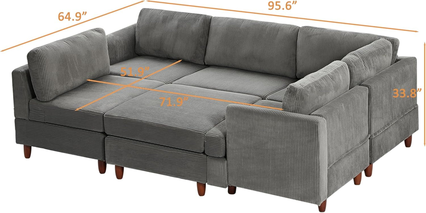 127.5" L/U-Shaped Sectional Couch with Movable Ottoman & 6 Removable Back Cushion, Corduroy Fabric Upholstered 6 Seat Modular Sleeper Sofa,DIY Free Combination Couches for Living Room,Grey