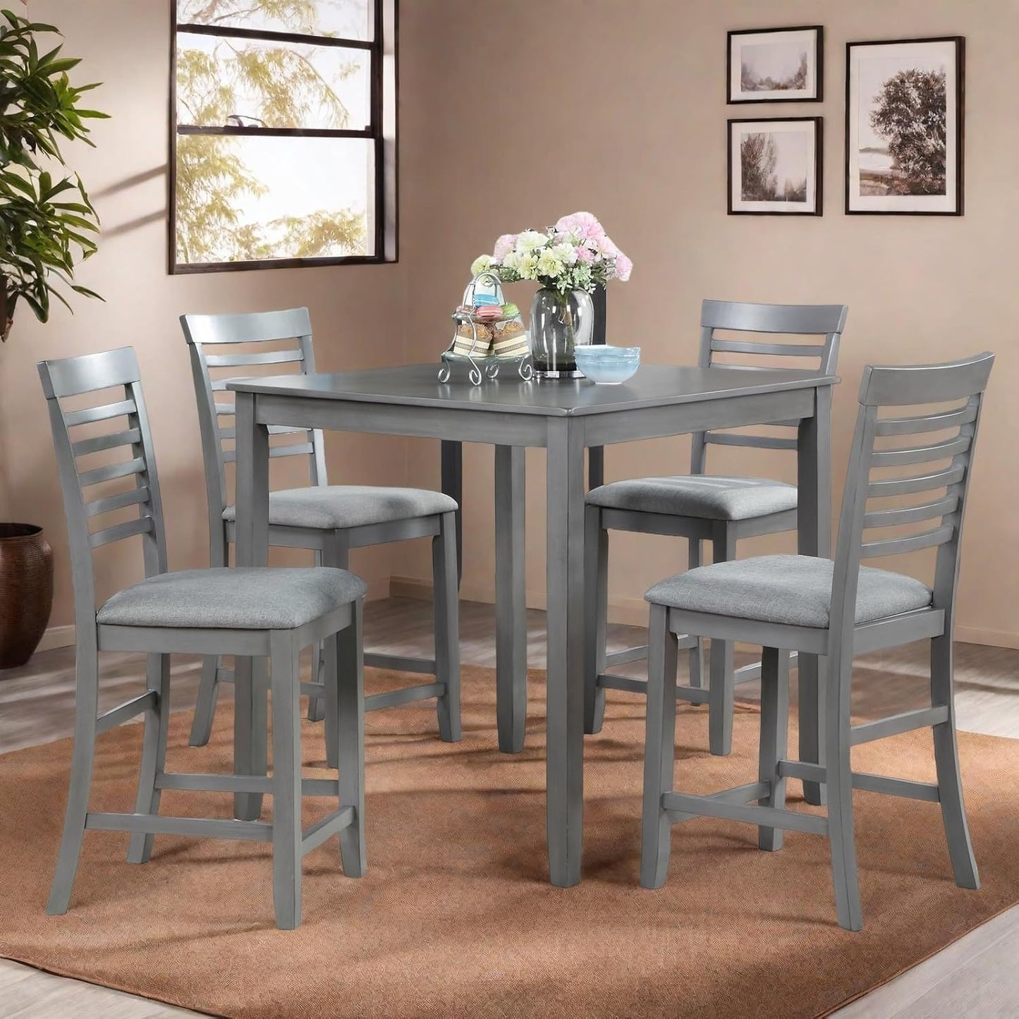 Dining Table Set for 4, Modern 5 Piece Dining Room Table Set with Square Table & 4 Ladder Backrest Upholstered Chairs, Counter Height Kitchen Chairs Set for Small Space, Gray