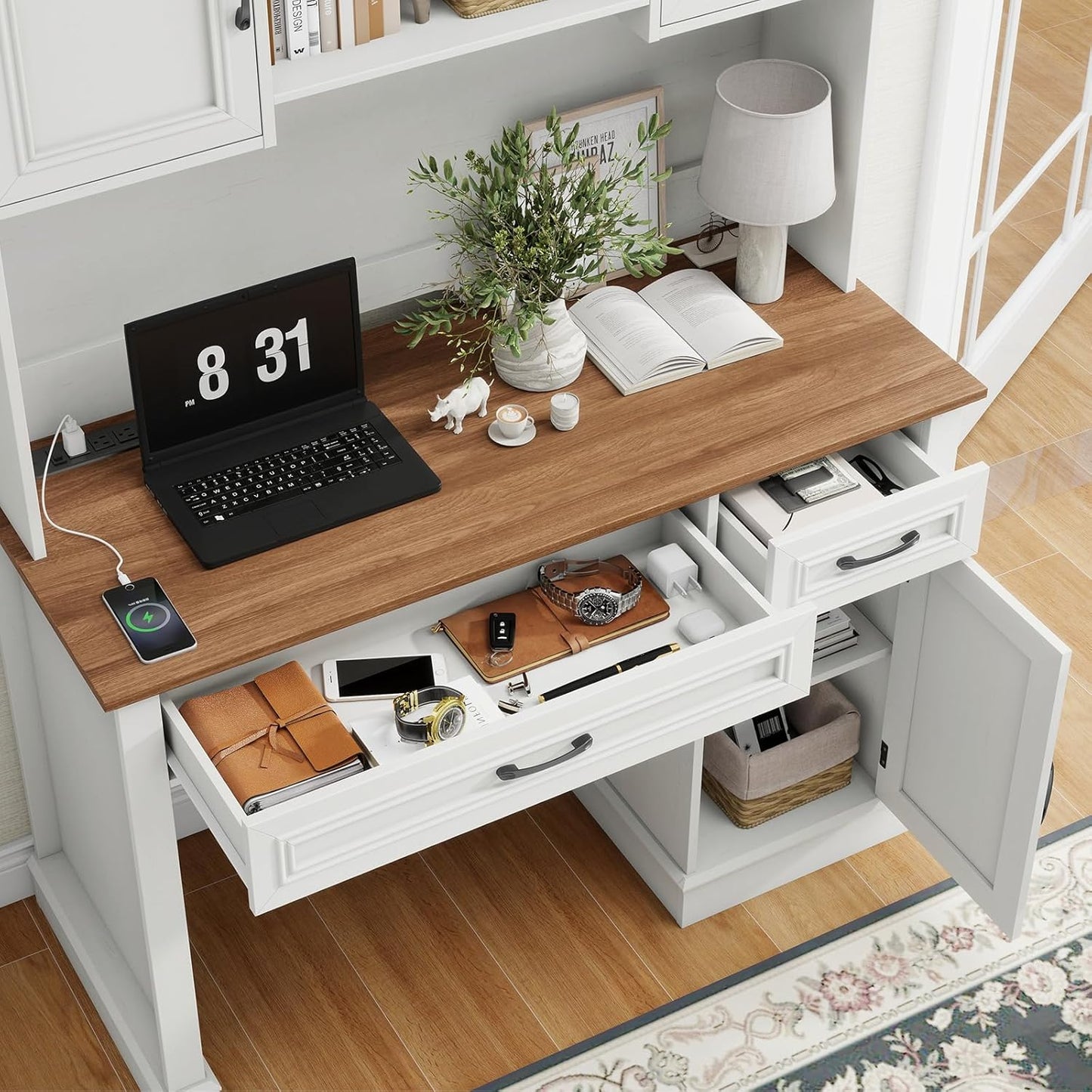 Farmhouse 47" Executive Desk with Hutch, 2 Drawers and LED Light, Computer Desk with Storage Cabinet and Charging Station,Workstation for Home Office and Study.Unique White