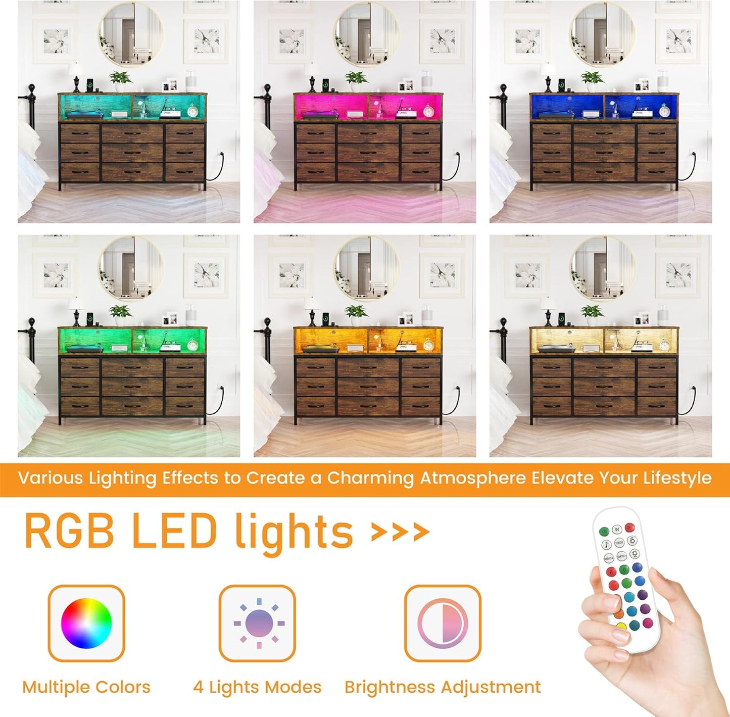 Dresser for Bedroom, Led Dresser TV Stand with Power Outlets and LED Lights, Long Fabric Dressers Wide Chest of Drawers with Large Organizer for Living Room, Entryway, Hallway,Rustic Brown