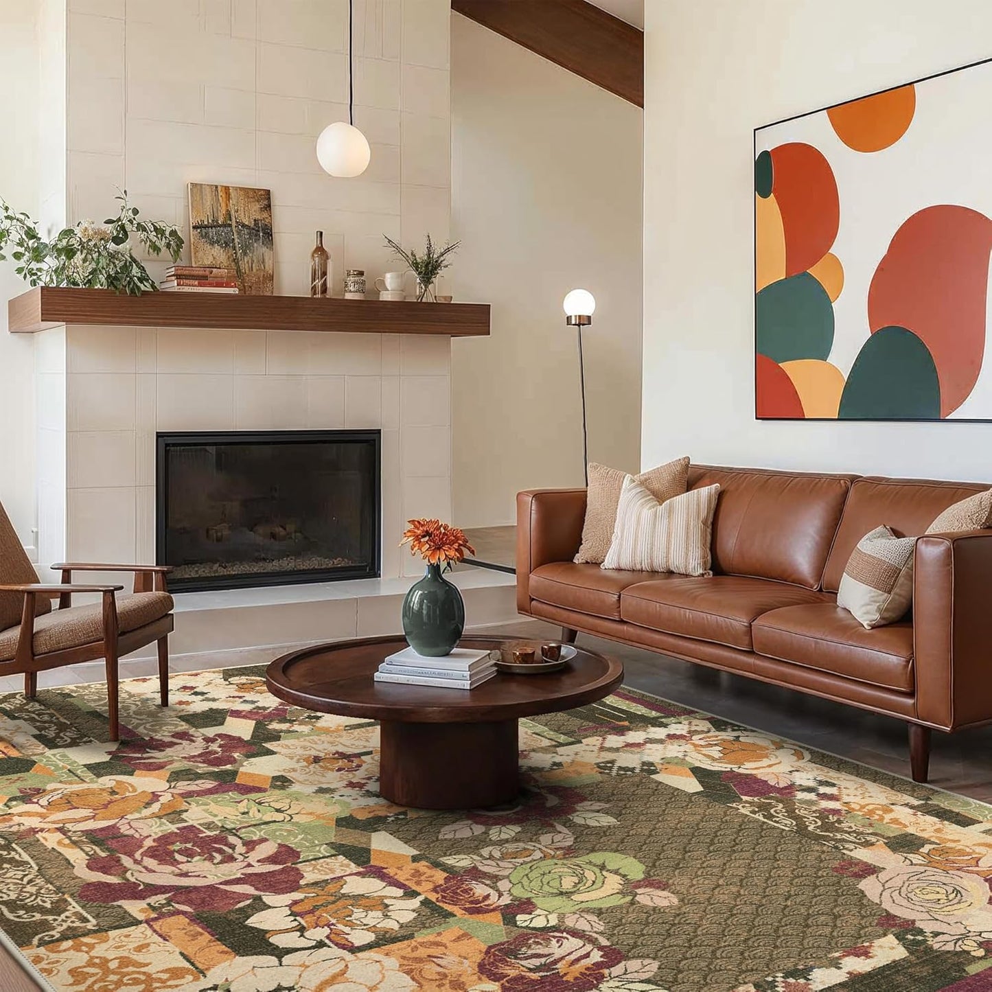 GENIMO 5X7 Floral Area Rugs for Living Room, Machine Washable Non Slip Vintage Patchwork Washable Rug, Ultra-Thin Low Pile Chenille Rugs for Bedroom, Dining Room, Auburn Cinnamon