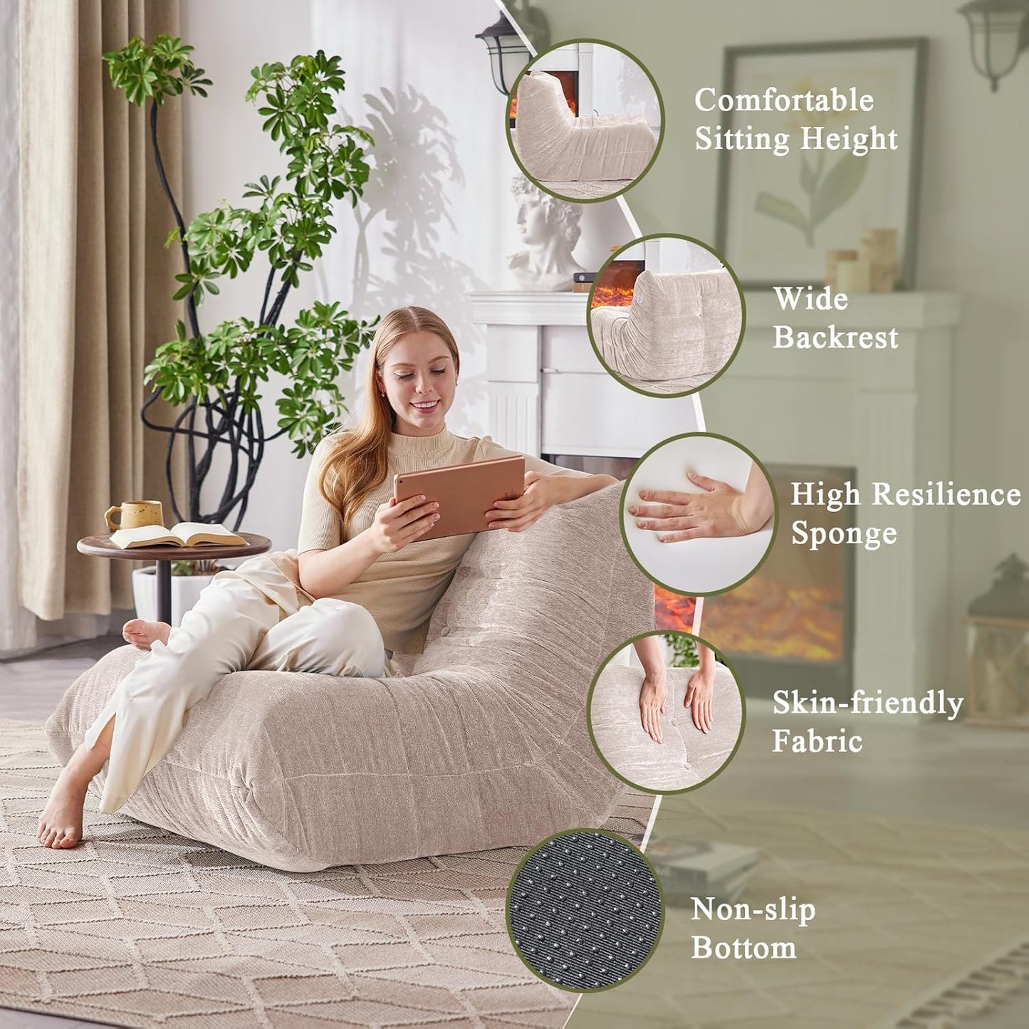 Bean Bag Chair, Fireside Chair Big Bean Bag Sofa for Adults/Teens, Memory Foam Bean Bag Gaming Chairs with Comfy Design & Premium Fabric, Lazy Floor Sofa for Living Room, Bedroom, Beige