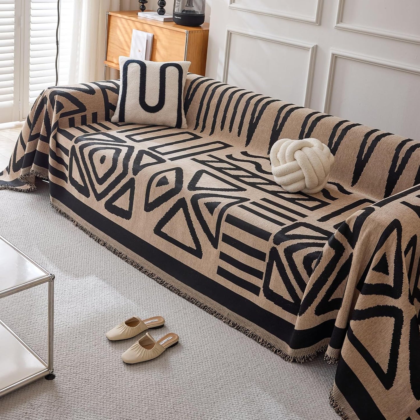 HANDONTIME Boho Geometric Couch Covers for Sofa Pet Friendly Taupe and Black Sofa Covers Washable Chenille Couch Blanket Cover for 1 2 Cushion Couches Pet Protector Furniture Cover Soft, 71" X 102"