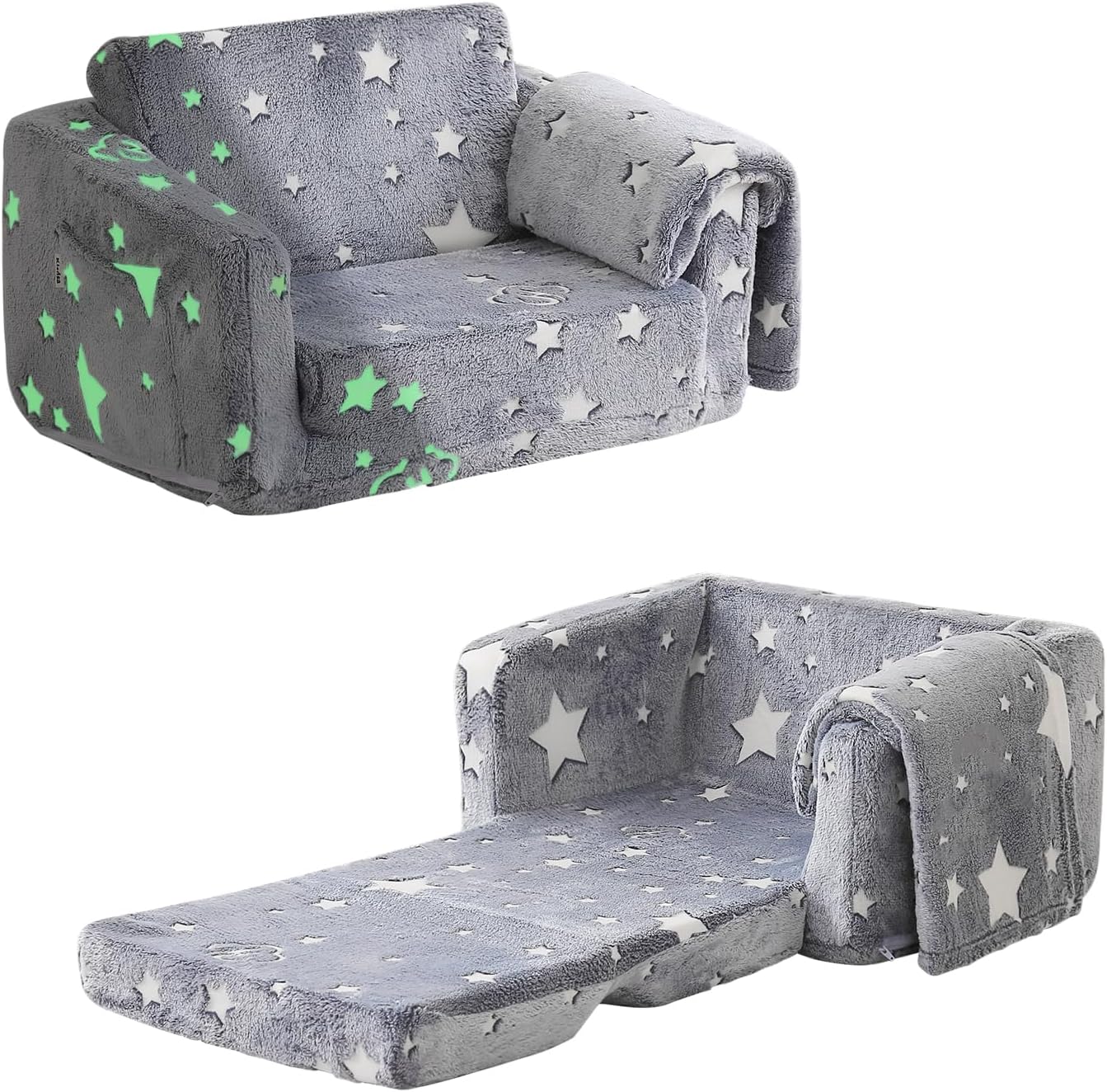 Kids Couch Fold Out, Foldable Toddler Couch with Blanket, Kids Sofa for Girls & Boys, Flip Out Toddler Chair, Convertible Sofa to Lounger for Children Age 1-3 (Glow Star)