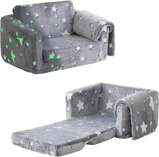 Kids Couch Fold Out, Foldable Toddler Couch with Blanket, Kids Sofa for Girls & Boys, Flip Out Toddler Chair, Convertible Sofa to Lounger for Children Age 1-3 (Glow Star)