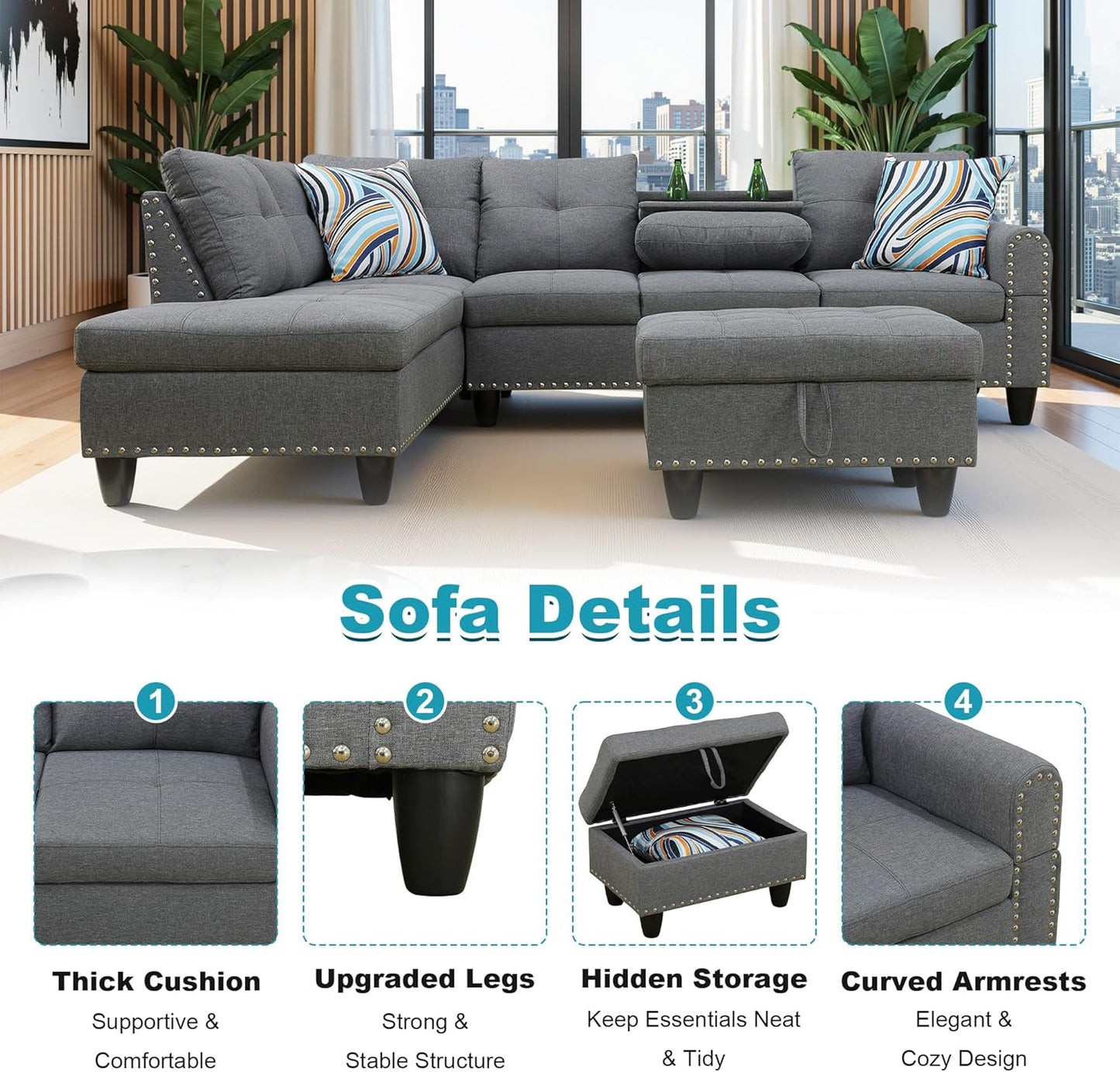 97.5" Oversized Sectional Couch, L Shaped Couch with Storage Ottoman, Modern Modular Sofa with Deep Seat, Sectional Couches for Living Room and Office, Grey (Linen)