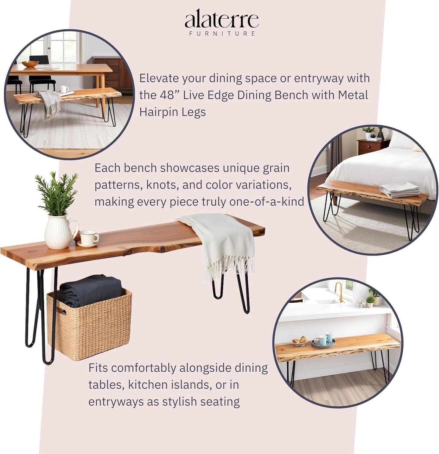 Alaterre Furniture 48” Live Edge Dining Bench – Rustic Industrial Farmhouse Solid Acacia Wood with Metal Hairpin Legs – Ideal for Dining Room, Kitchen, or Entryway