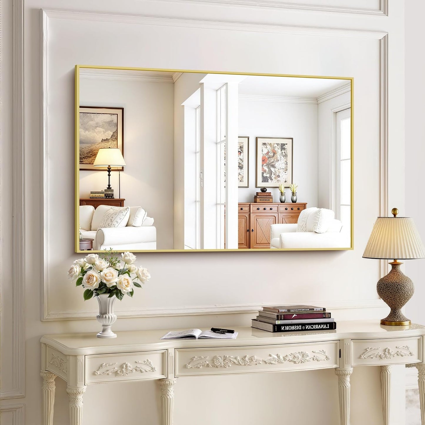 KOCUUY 30x48 Inch Large Gold Wall Mounted Mirror,Aluminum Framed Decorative Rectangular Bathroom Mirror for Wall Over Sink,Vanity Mirror for Bedroom Living Room Bathroom,Functional Oversized Mirror