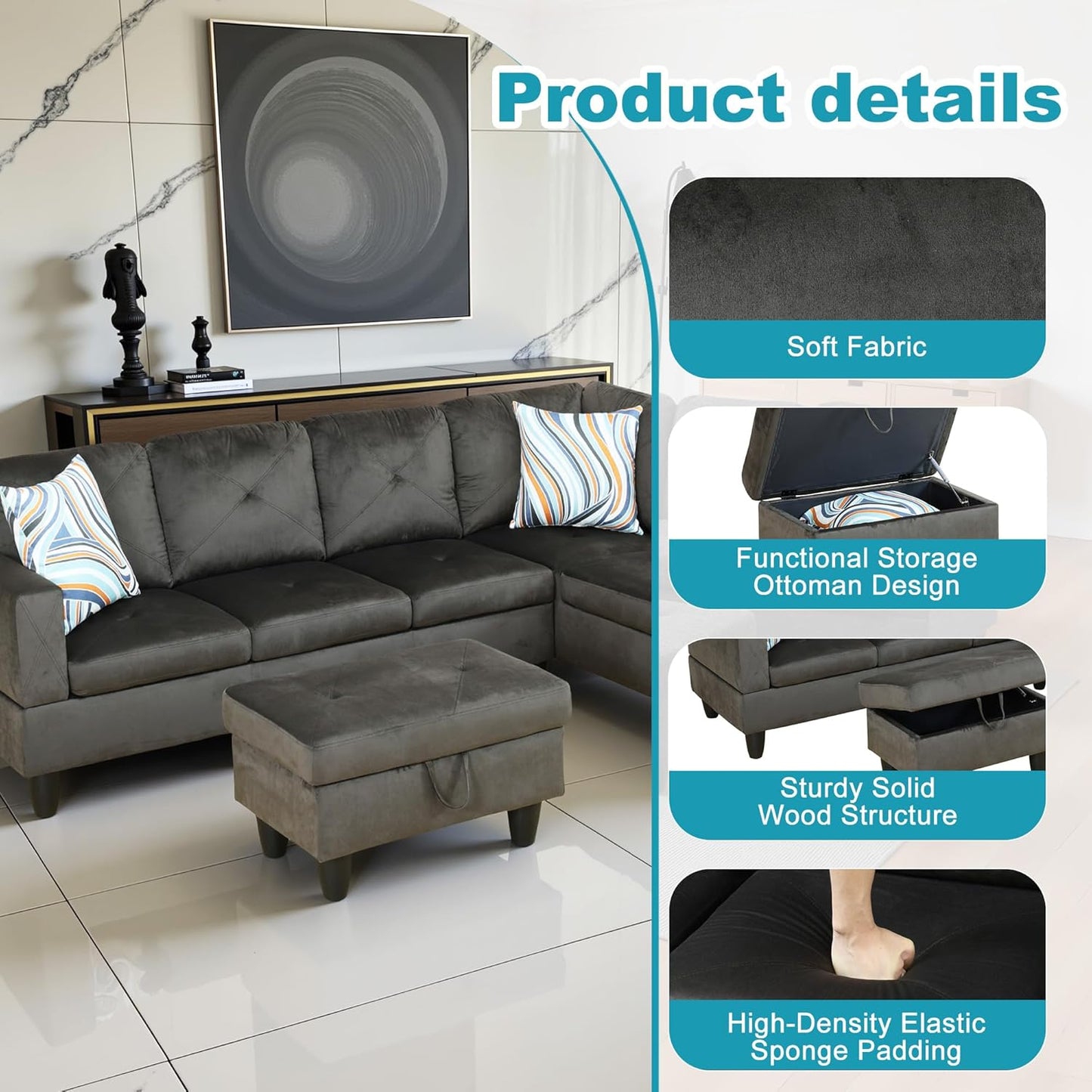 Couches for Living Room Modern L Shaped Couch Comfy Flannel Fabric 3 Pieces Sectional Sofa with Chaise, Ottoman with Storage for Office and Small Apartment, Grey