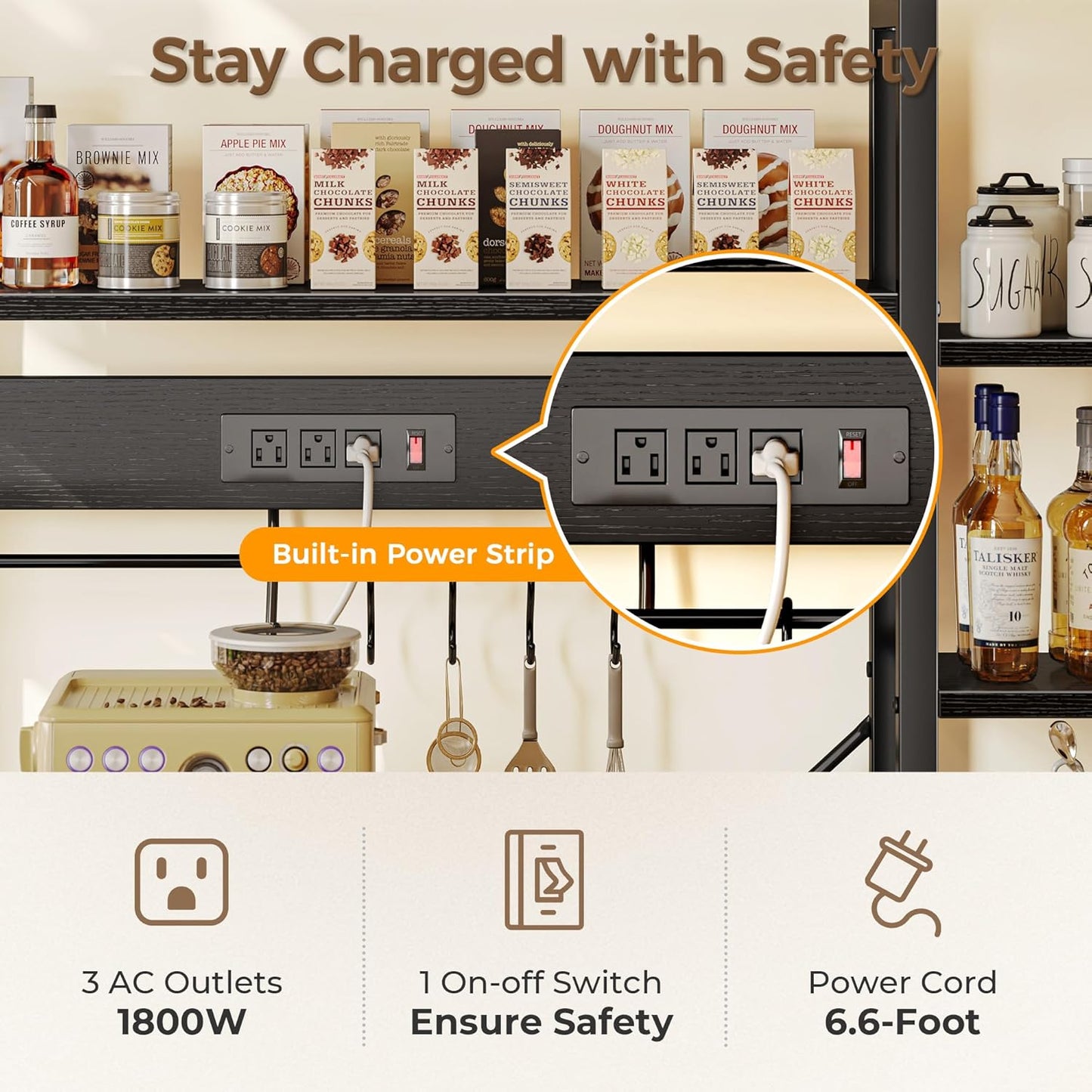 SUPERJARE Larger Bakers Rack with Power Outlets, 6-Tier Microwave Stand, Coffee Bar with 12 S-Shaped Hooks, Kitchen Shelf with Wire Basket, 47.2 x 15.5x 66.9 Inches, Black