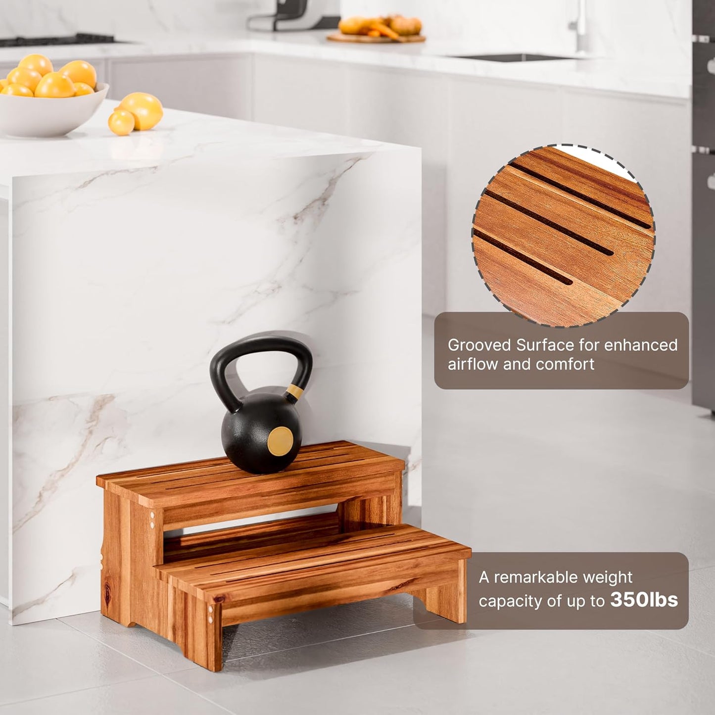 TINAMO 25" Long Step Stool for Adult & Kid - Acacia Wood Two Step Stool 500 Lb - Wooden Riser 2-Step Spa & Hot Tub Stairs for Pool - Heavy Duty 2 Step Stools for Bed, Kitchen,Outdoor (Patent Pending)