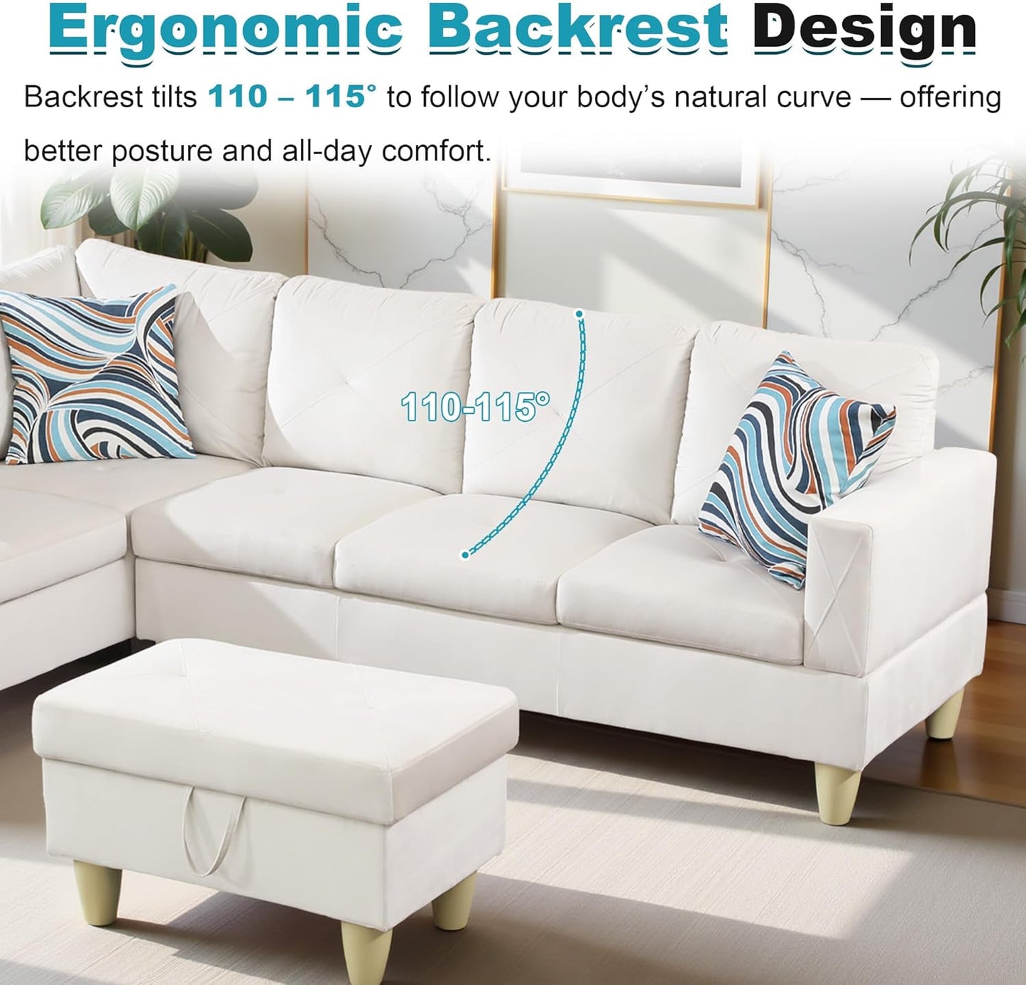 97" Oversized Sectional Couch, L Shaped Couch with Storage Ottoman, Modern Modular Sofa with Deep Seat, Sectional Couches for Living Room and Office, White (Flannel)