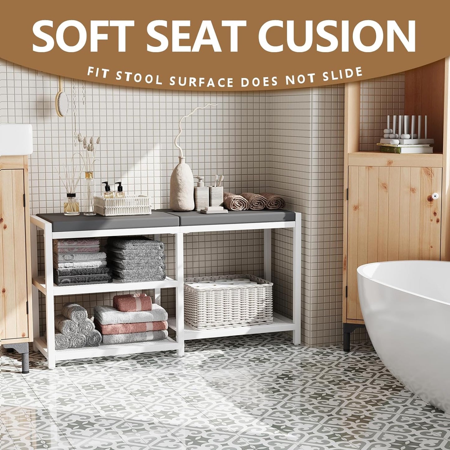 ZHOOGE Shoe Bench & Rack Storage Bench with Seat Cushion, Stable Entryway Bench Holds Up to 300 lb, (35" L x 12" W x 17" H, White)