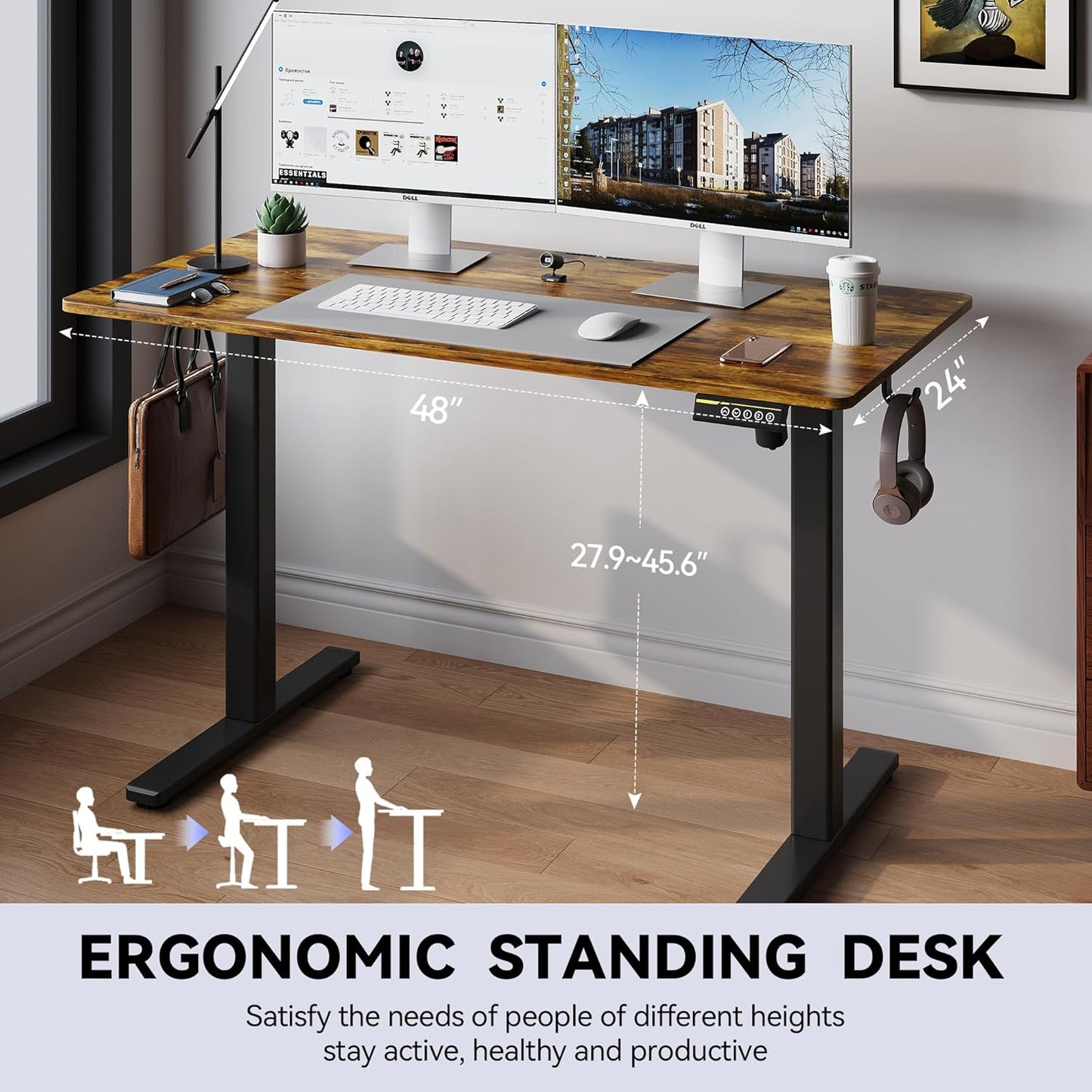 Electric Standing Desk Adjustable Height Stand Up Desk Ergonomic Sit Stand Desk for for Work Office Home Computer Desk Workstation (Rustic Brown C65, 48 * 24)