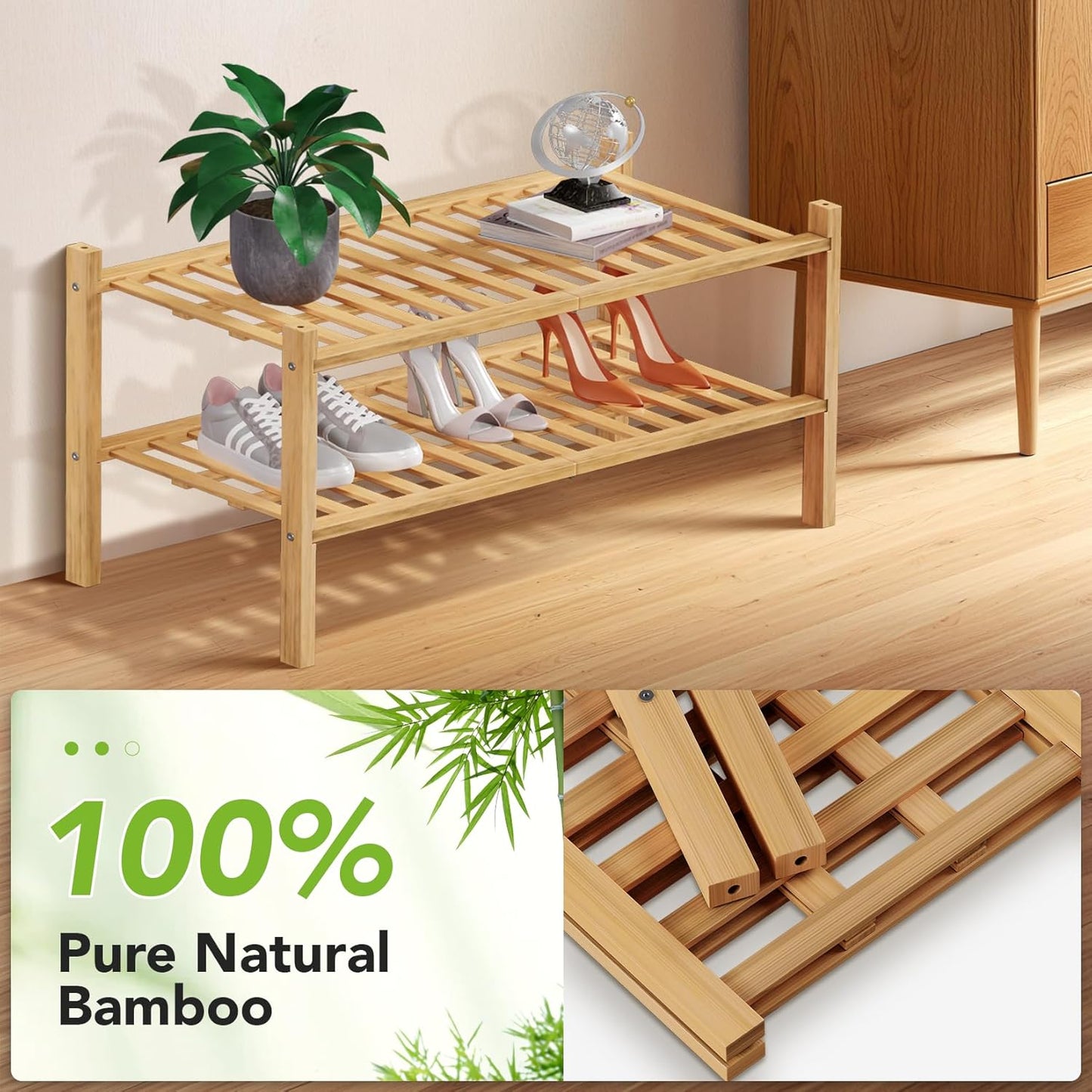 Haddockway 2 Tier Bamboo Shoe Rack Storage Organizer, Multifunctional Free Standing Stackable Shoe Shelf with Grid Panel for Closet,Hallway,Entryway,Small Space 27"x11"x13" (Natural, 2 Tier)