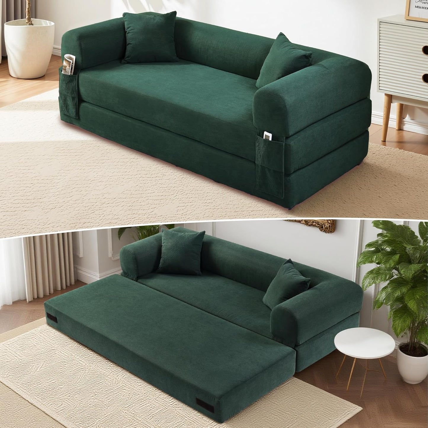 80" Convertible Sofa Bed, Corduroy Deep Seat Folding Pull Out Couch with Pillows, No Assembly Modern Boneless Couch Compression Sofa in Box, Floor Sofa with Storage Pocket for Living Room,Dark Green
