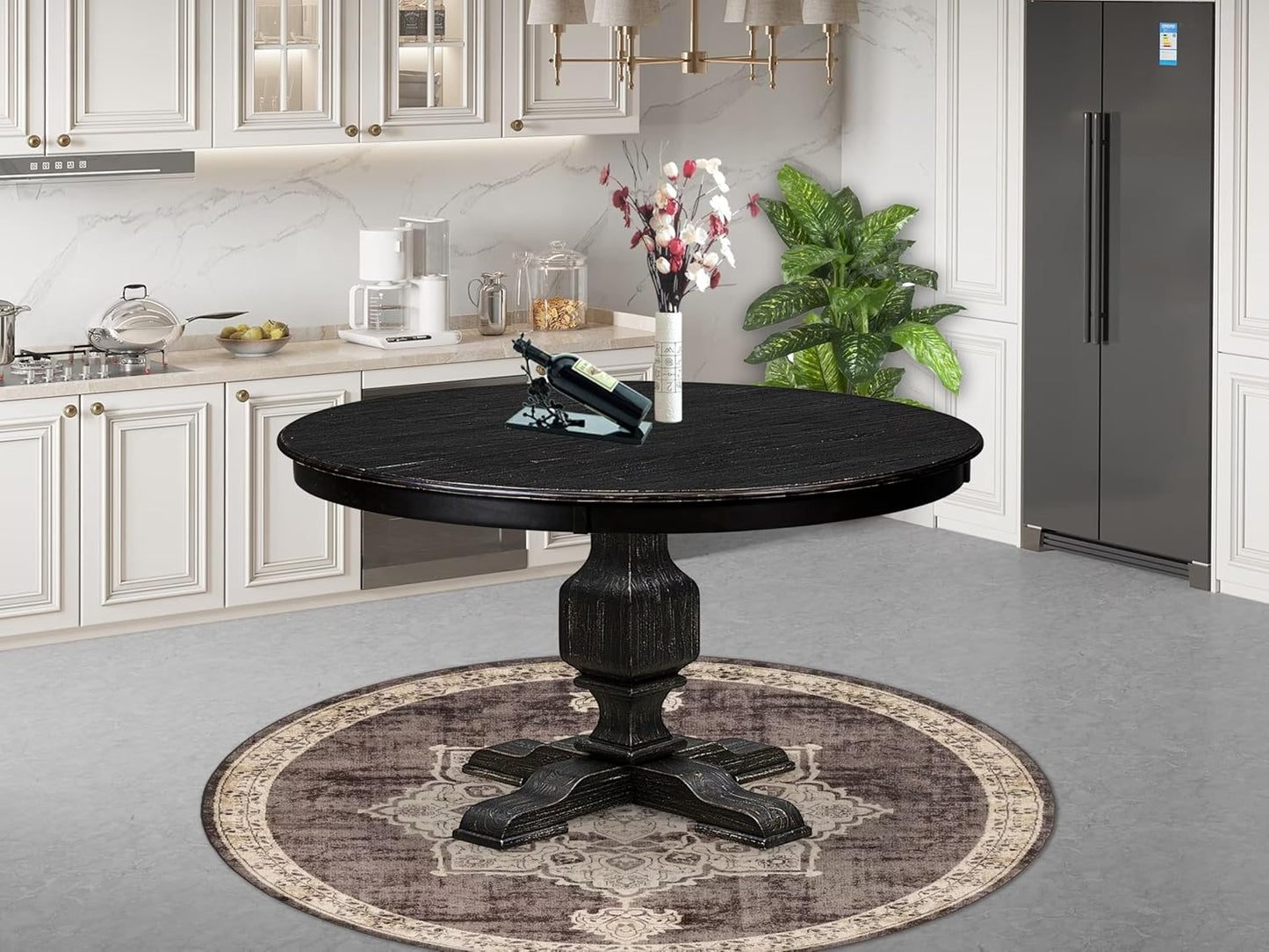 F53-11-TP - Wood Dining Table with Acacia Wood Round Tabletop, Sand Blasted Black Finish