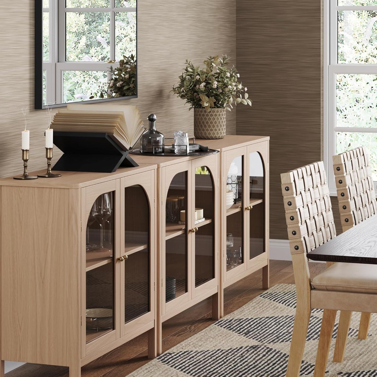 Nathan James Mason Modern Farmhouse TV Stand, Free Standing Accent Sideboard Buffet, Cabinet with Glass Doors and Adjustable Shelf, Clear Glass/Raw Oak Set of 3