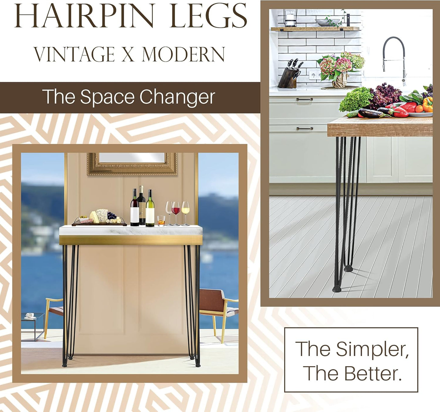 TEN49 Heavy Duty Hairpin Furniture Leg - 40 Inch Industrial Metal Table Legs - 1/2" Extra Thickness 3 Solid Rods Raw Steel Color Leg - Fit for Modern Shelving, Standing Desk, Bar Height Table Legs