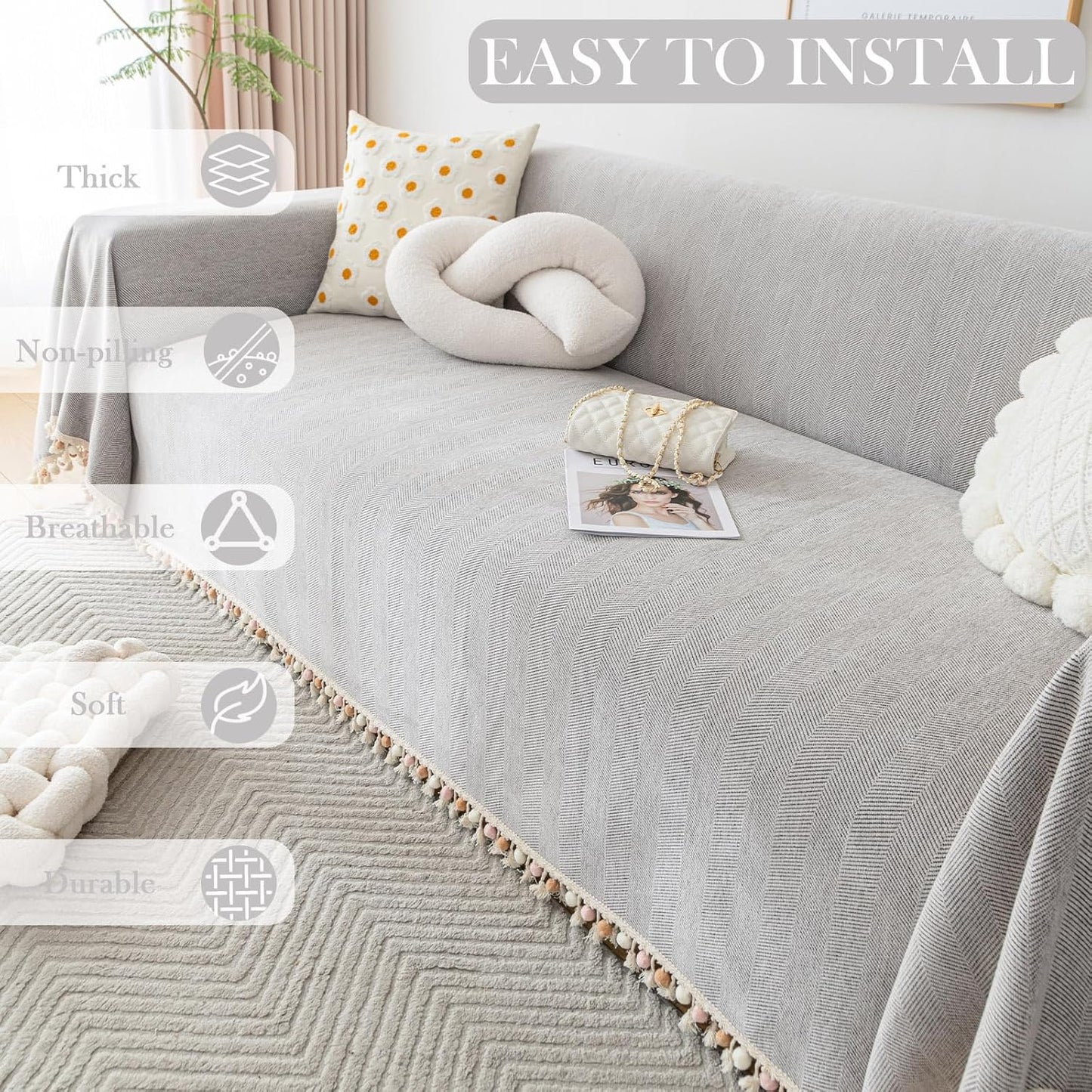 HANDONTIME Grey Sofa Cover for Couch Boho Couch Cover for 3 Seat Dog Couch Cover Love Seat Couch Covers Light Grey Sofa Sectional Cover 71" X134" Tassel Chenille Herringbone Sofa Covers Washable