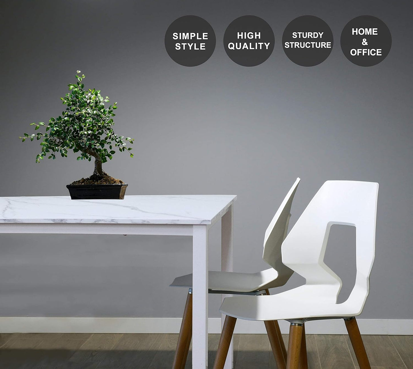 55 inch Large Computer Desk Wood, Modern Simple Style Desk for Home Office, Bedroom, Study Student Writing Desk, Small Spaces, White Metal Frame, Marble Grain Top