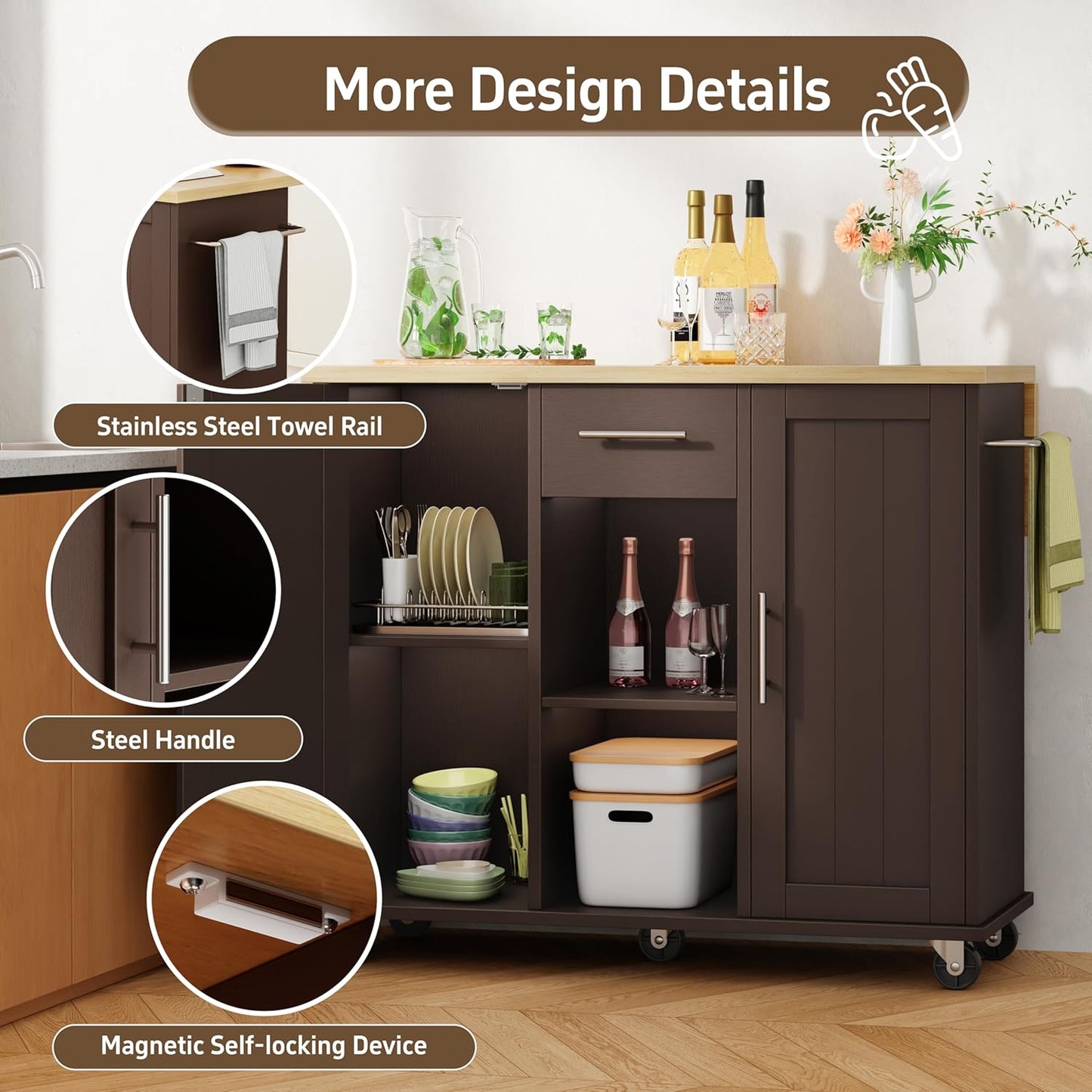 Shintenchi Kitchen Island with Storage, Bar Cart Cabinet Island Table on Wheels, Rolling Microwave Cart for Kitchen with Drop Leaf, Drawers, Towel Rack, Seating Area for Dining Room, Brown