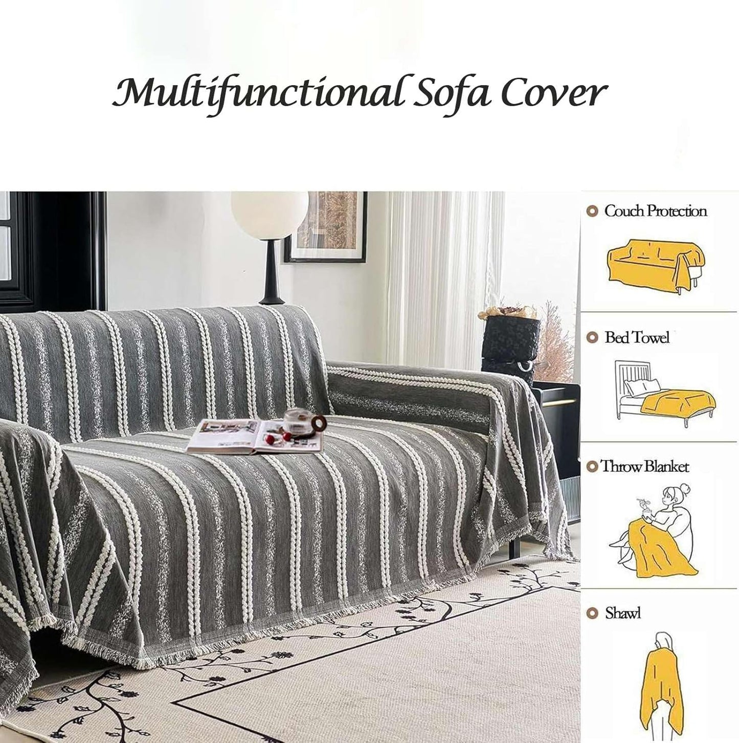 Couch Cover for Dogs Washable Sofa Cover, Sectional Couch Covers, Sofa Covers for 2 Cushion Couch, Non Slip Stripe Sofa Slipcovers Furniture Protector, Couch Protector from Cat Claws, Grey,75''x150''