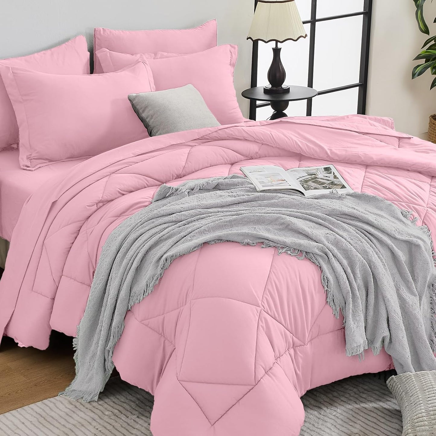 HEVUMYI Pink Twin-XL Comforter Set - 5-Piece All Season Bed in a Bag Twin-XL, Ultra Soft Bedding Set with Comforter, Flat Sheet, Fitted Sheet, Pillowcases, Pillow Shams, Pink