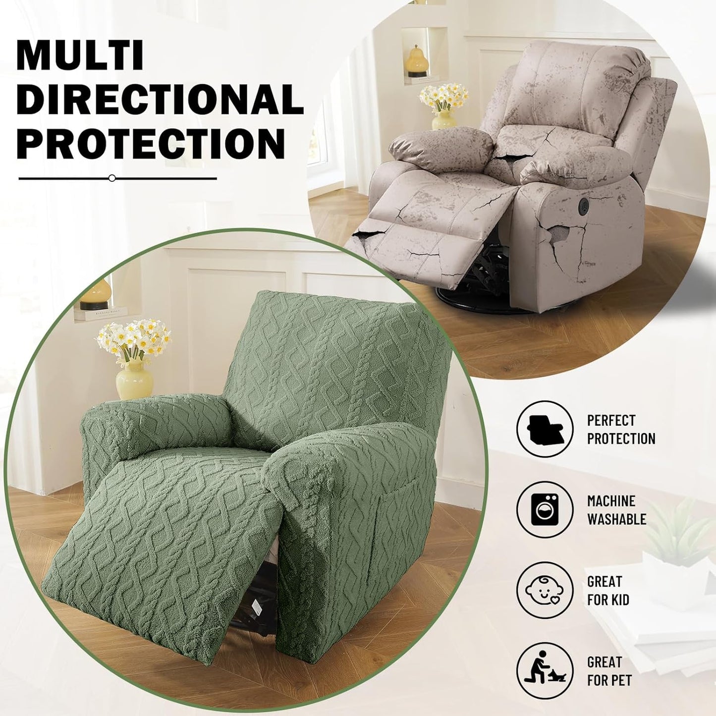 vctops Christmas Green 4 Pieces Geometric Jacquard Plush Recliner Slipcovers Soft Fuzzy Fluffy Sofa Couch Cover Anti-Slip Furniture Protector with Elastic Bottom for Kids Cats Dogs(Green,1 Seat)