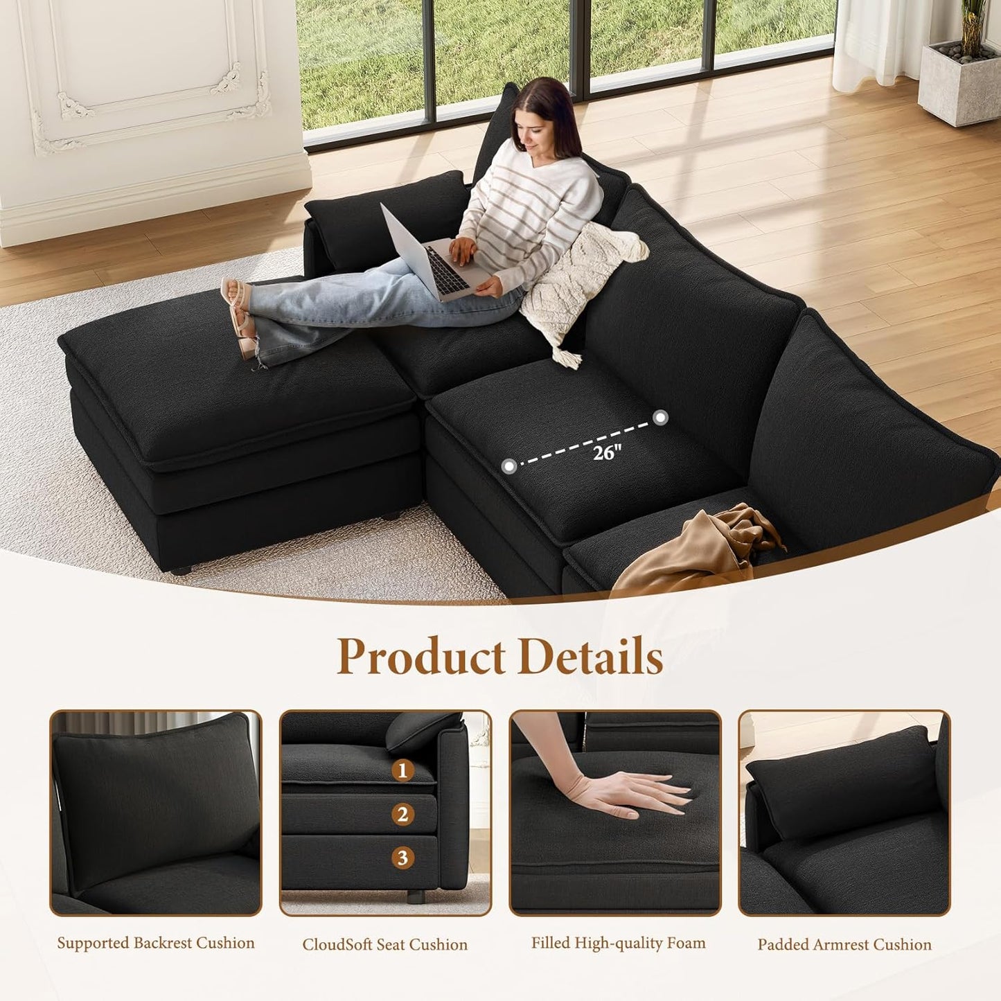 Vesgantti 108" Modular Sectional Sofa, Comfy Cloud Couch with Movable Ottoman Deep Seat Chenille L Shaped Modular Sofa, Sectional Couches for Living Room, Bedroom and Apartment, Black