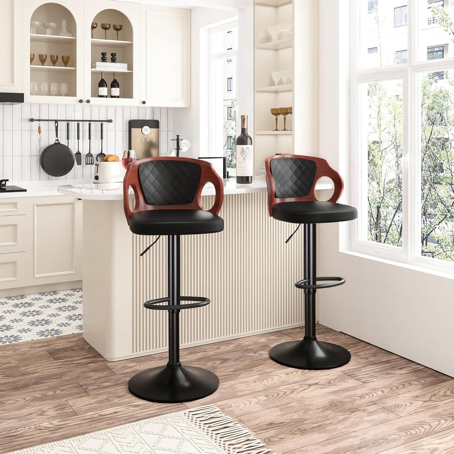 VECELO BarStools Set of 2,Counter Height Stools with Bentwood Back&Arm, Swivel Barstools,PU Leather Kitchen Island Stools, Adjustable Height Bar Chairs for Club Pub Dining Room,Black