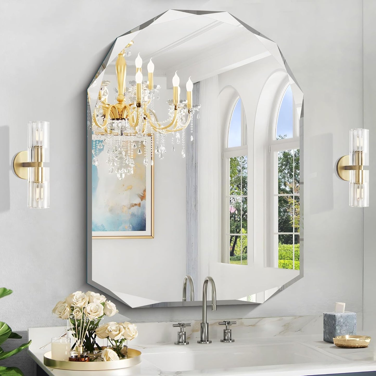 KOCUUY 30"x40" Frameless Mirror, Arched Shape with Diamond-Shaped Beveled Edge,Unframed Decorative with Upgraded Shatterproof Glass,Unique Frameless Mirror for Bathroom,Living Room,Bedroom