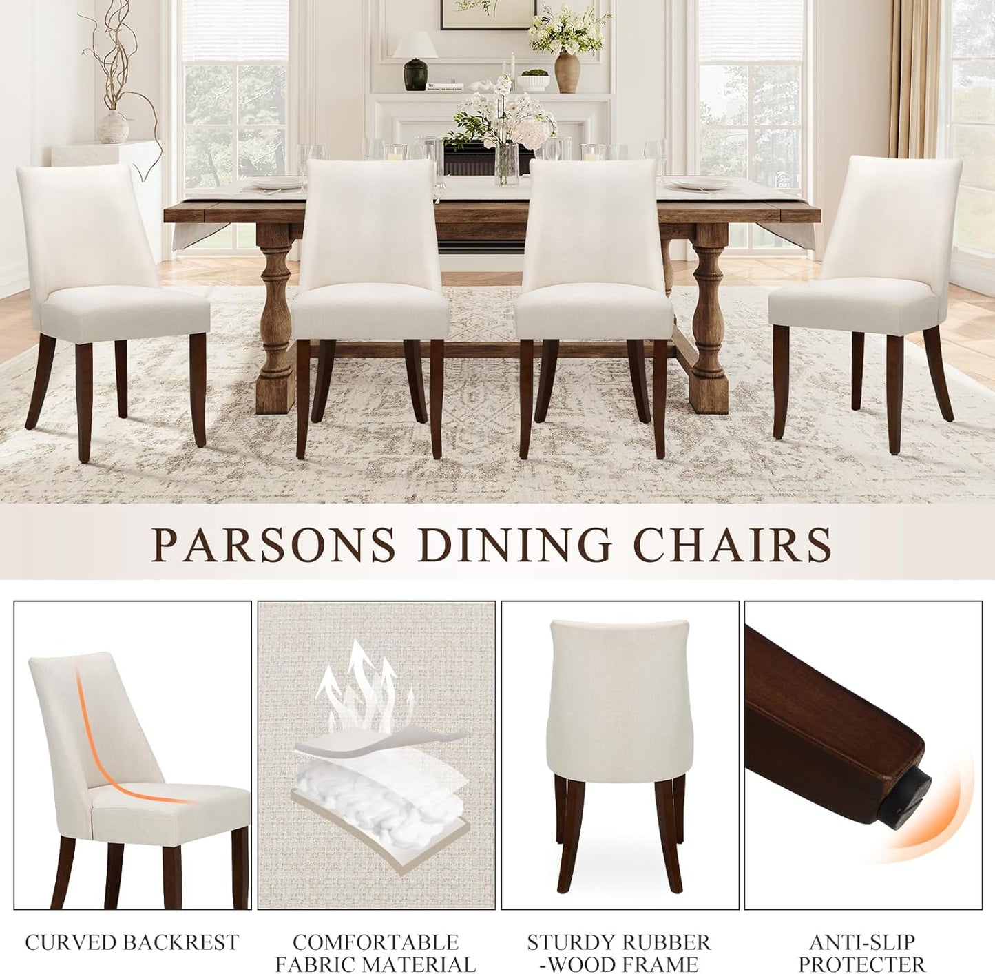 COLAMY Upholstered Dining Chairs Set of 2, Mid Century Modern Kitchen Chairs with Back, Farmhouse Fabric Side Dining Room Chairs with Wood Legs for Dining Room Restaurant, Beige